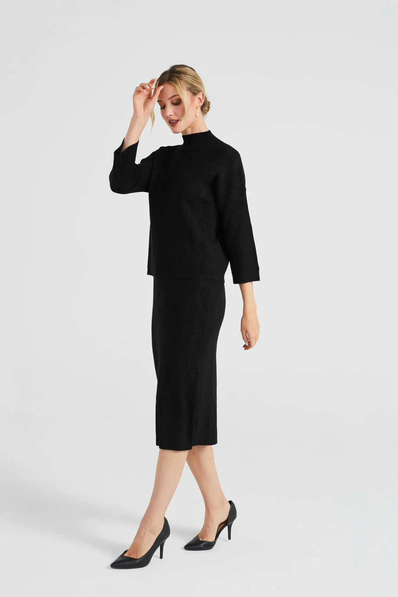 Angeleye Turtle Neck Knitted Pattern Jumper & Midi Skirt