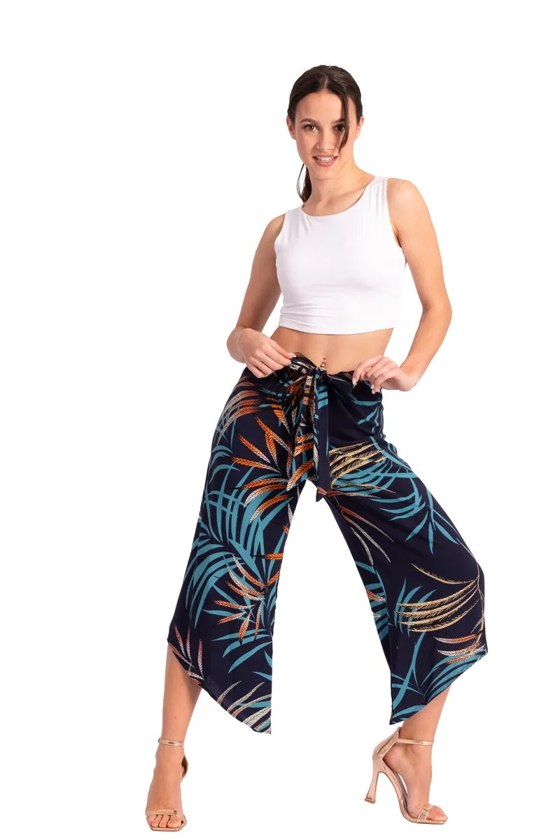 Beige Waist Tie Tropical Print Asymmetric Cropped Pants