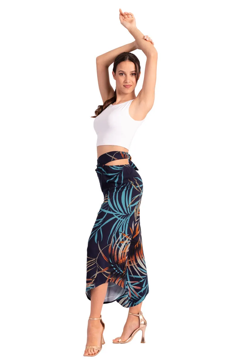 Beige Waist Tie Tropical Print Asymmetric Cropped Pants