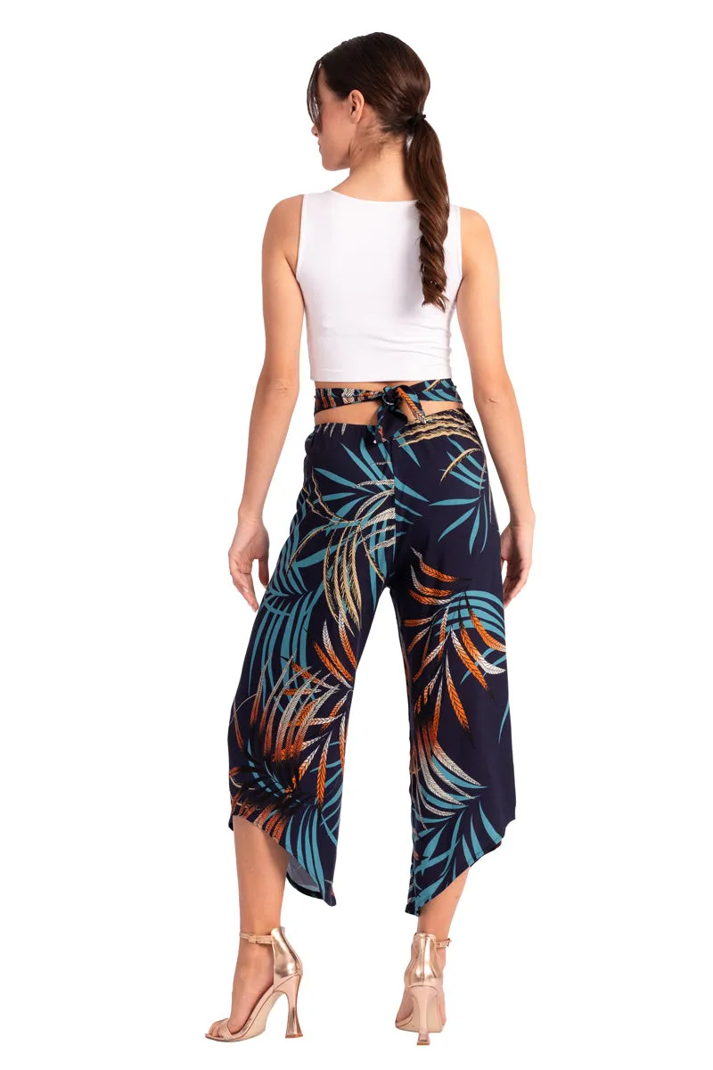 Beige Waist Tie Tropical Print Asymmetric Cropped Pants