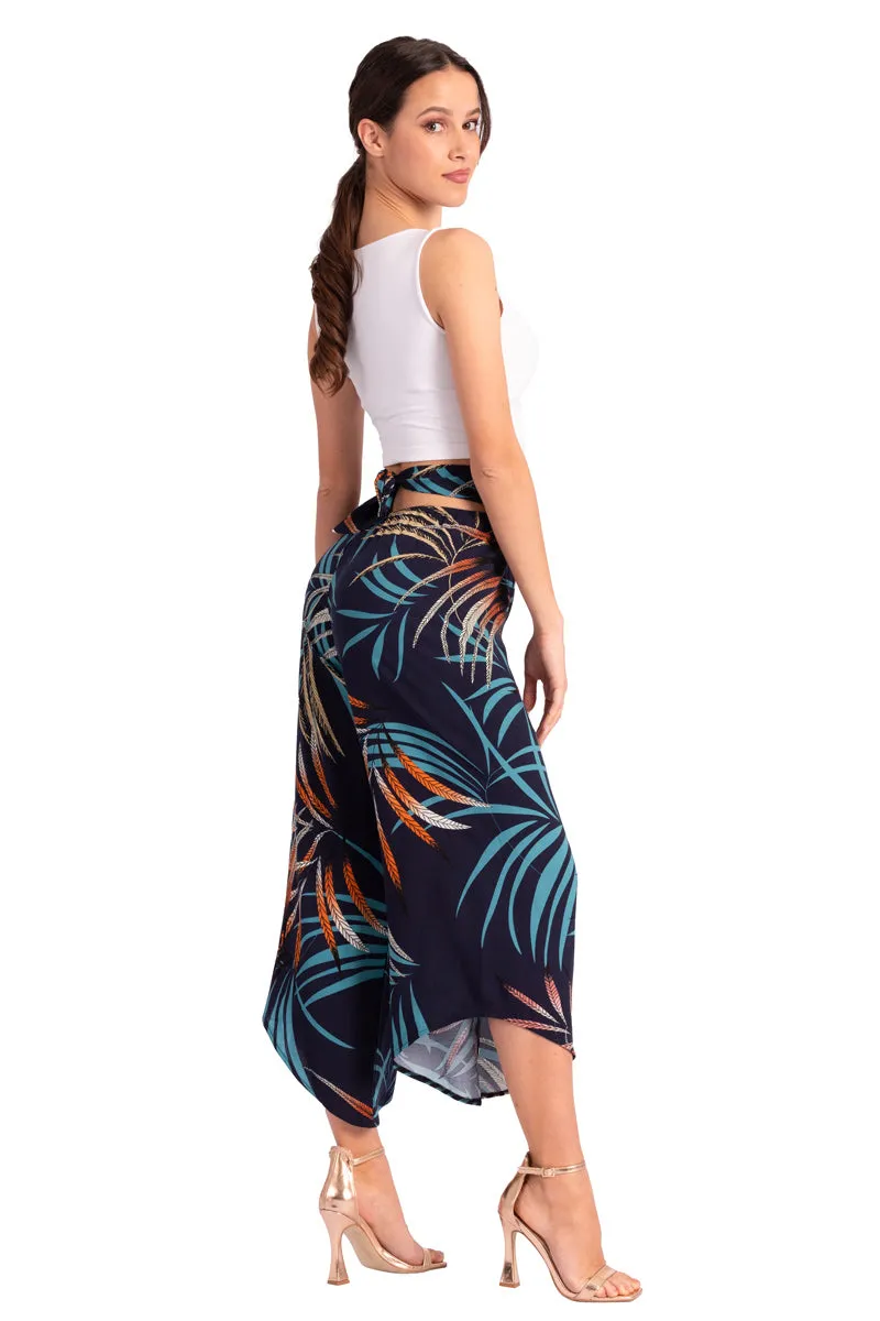 Beige Waist Tie Tropical Print Asymmetric Cropped Pants