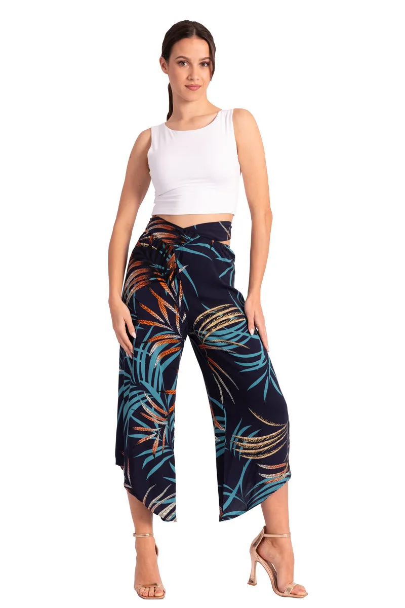 Beige Waist Tie Tropical Print Asymmetric Cropped Pants