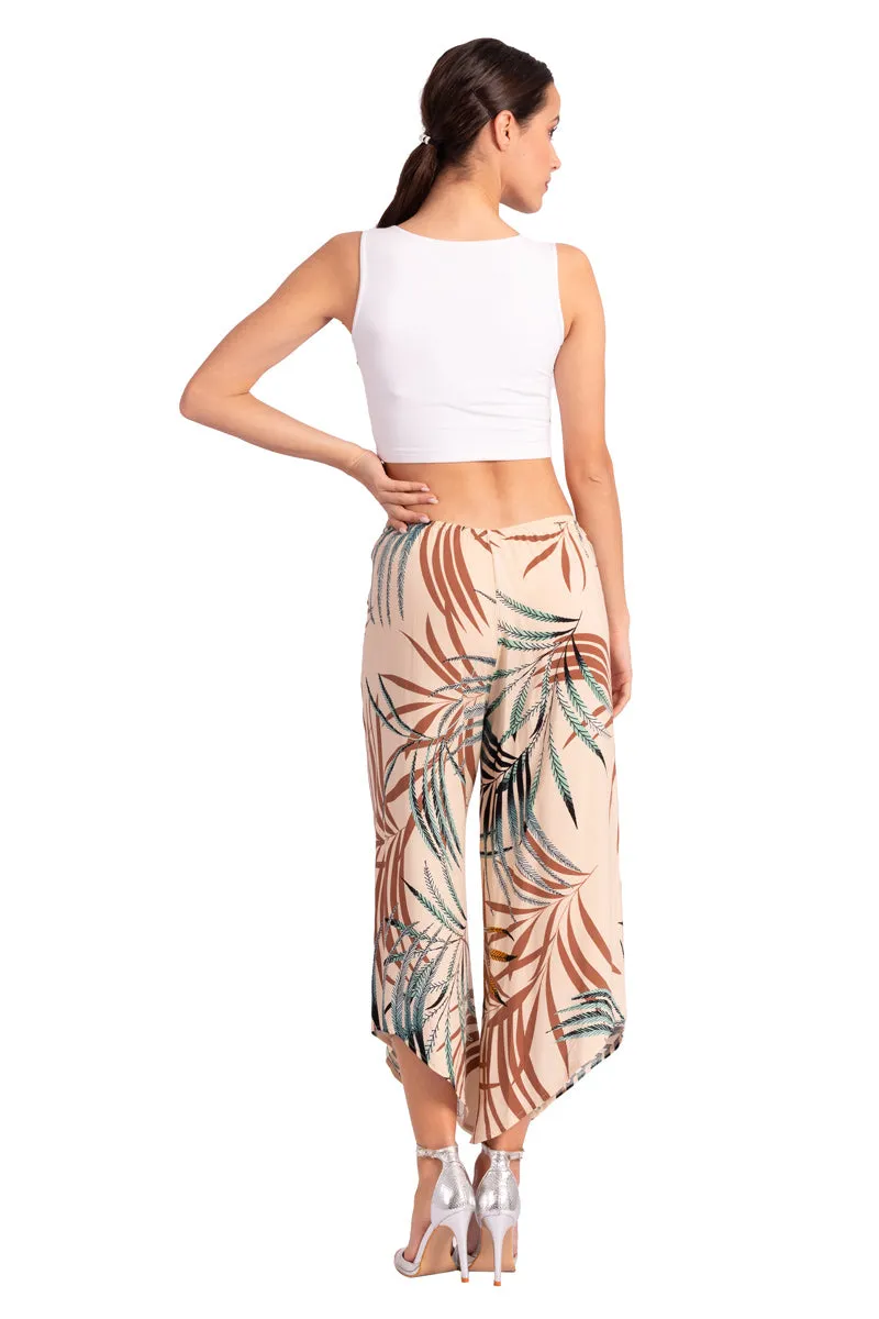 Beige Waist Tie Tropical Print Asymmetric Cropped Pants