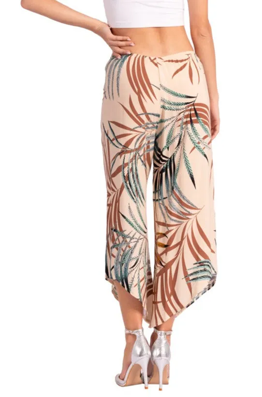 Beige Waist Tie Tropical Print Asymmetric Cropped Pants