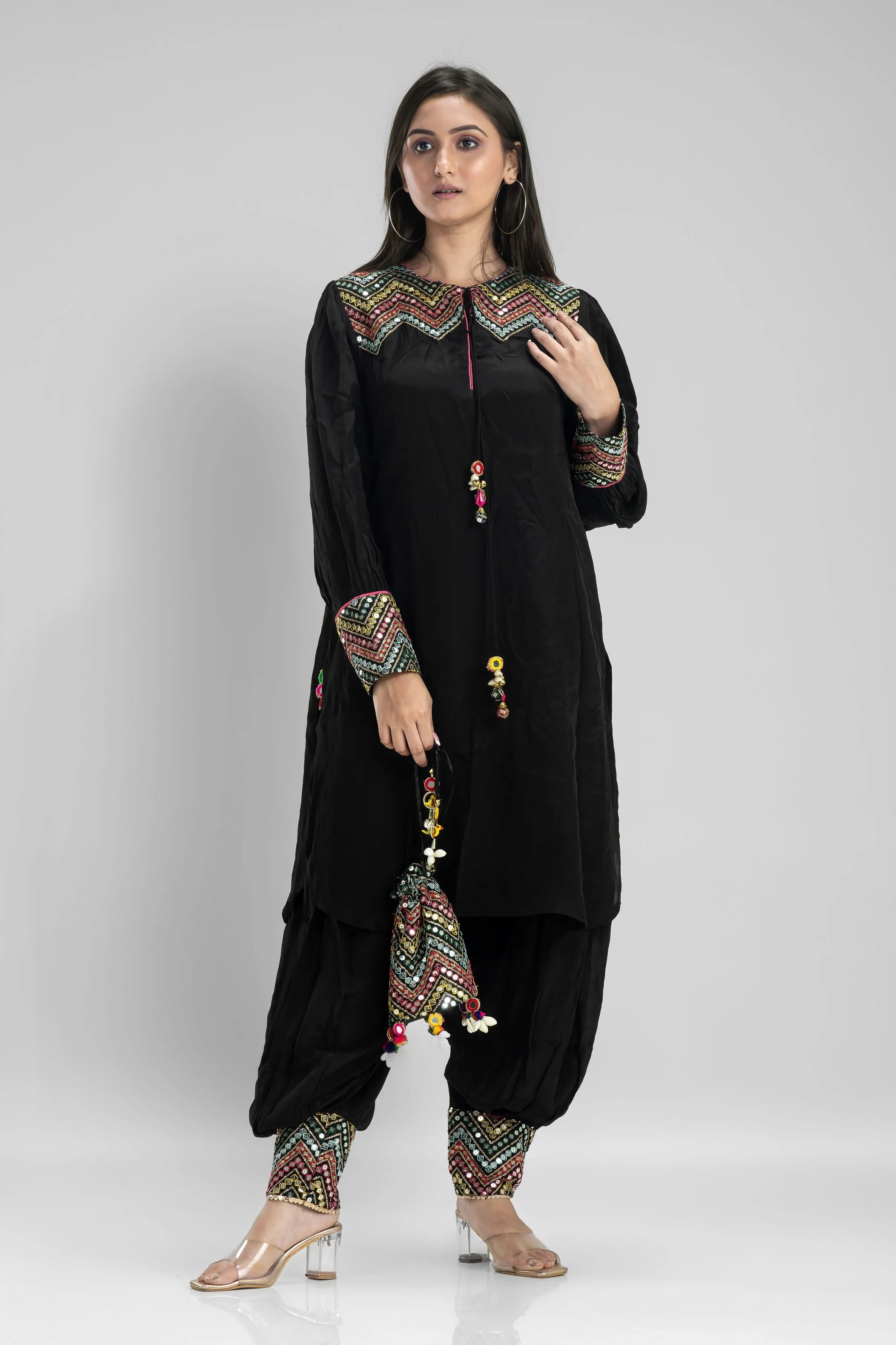 Black Embroidered Muslin Silk Patiala Pants Set