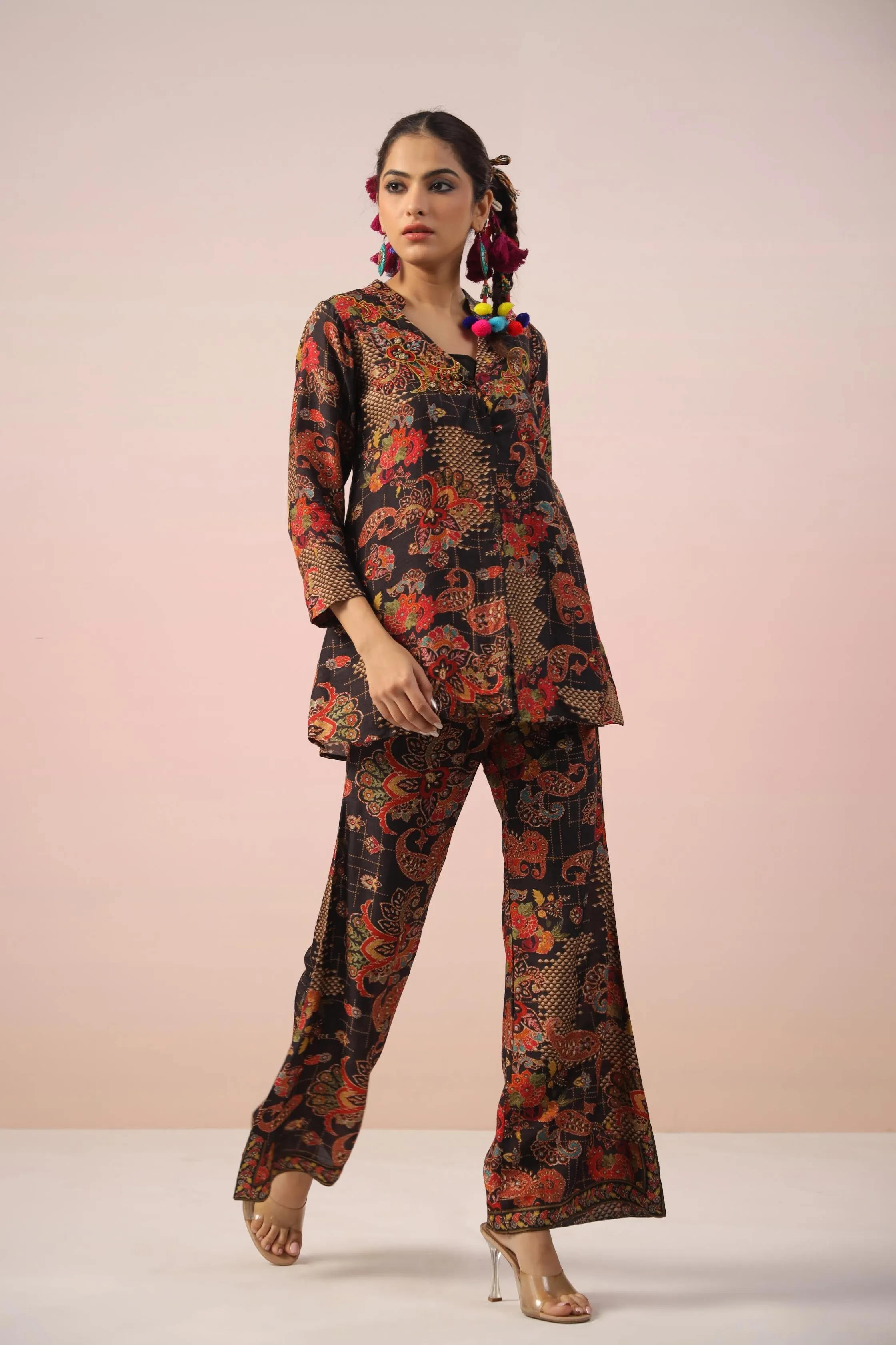 Black Traditional Printed Dola Silk Co-Ord Set