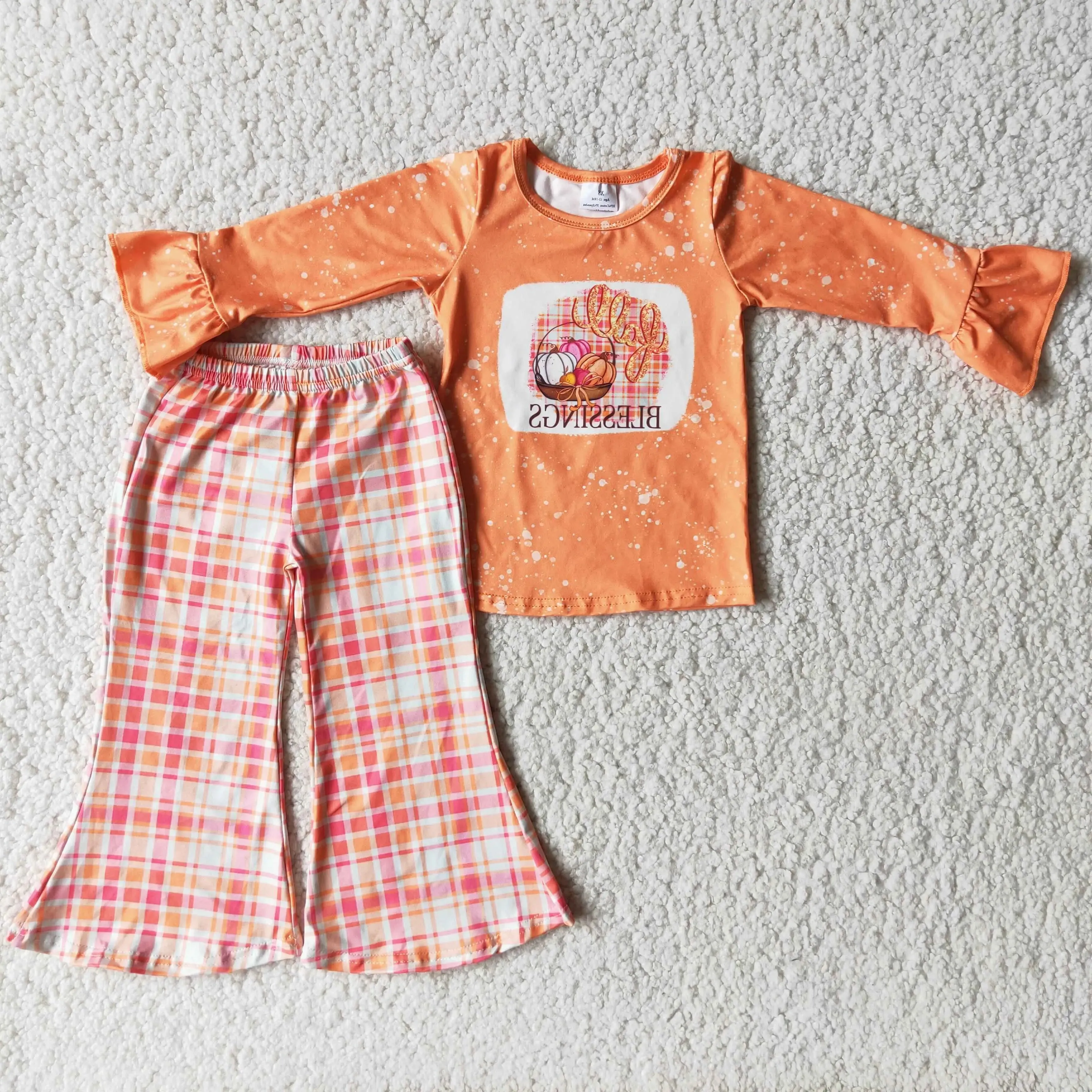 BLESSINGS - Girls Thanksgiving Plaid Pumpkin Ruffle Outfit