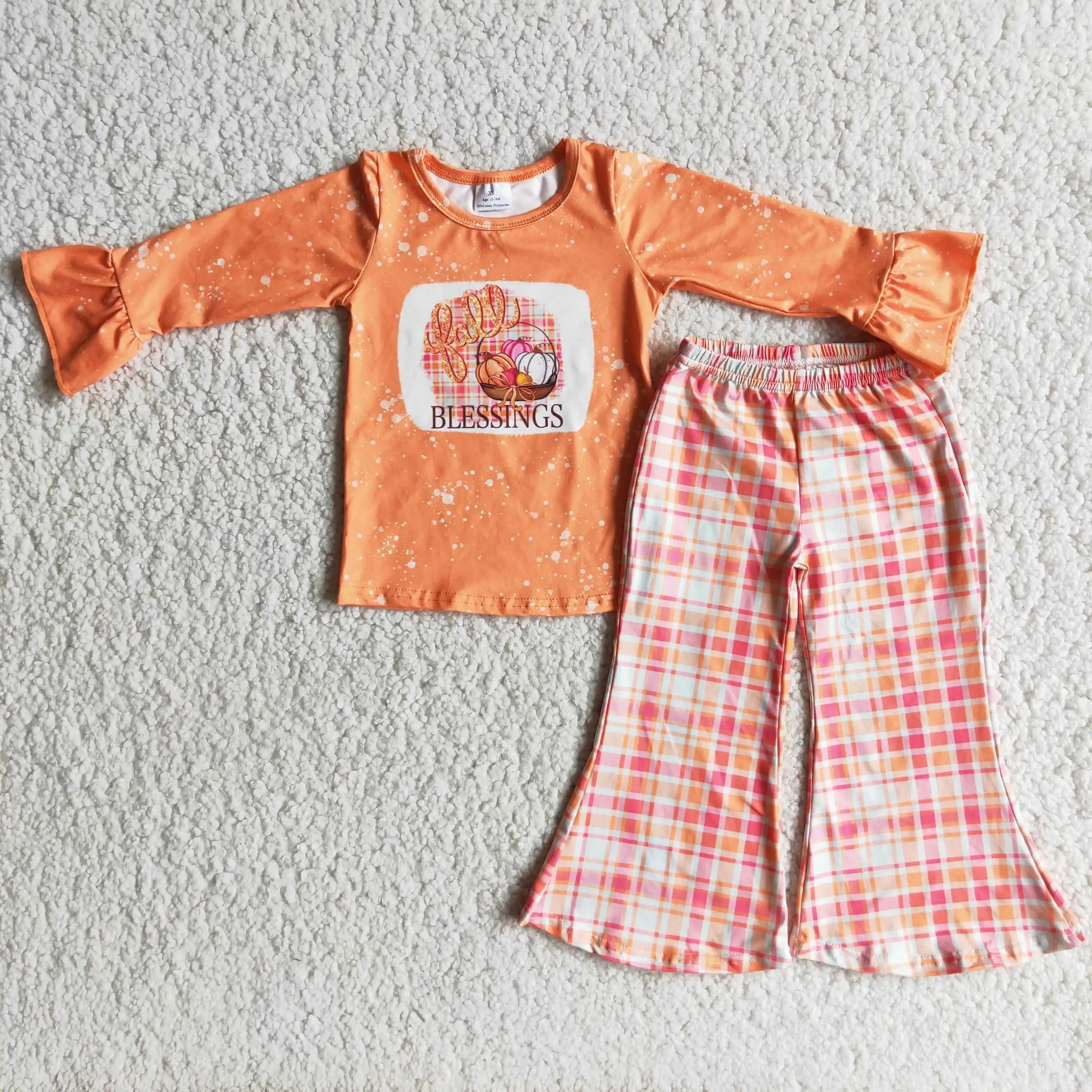 BLESSINGS - Girls Thanksgiving Plaid Pumpkin Ruffle Outfit