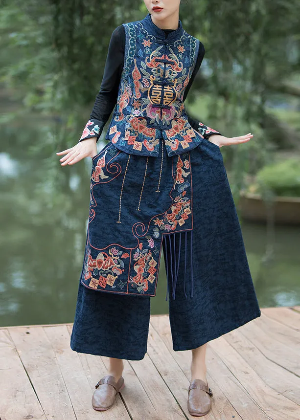 Bohemian Navy Embroidered Patchwork Cotton Crop Pants Summer QQ1017