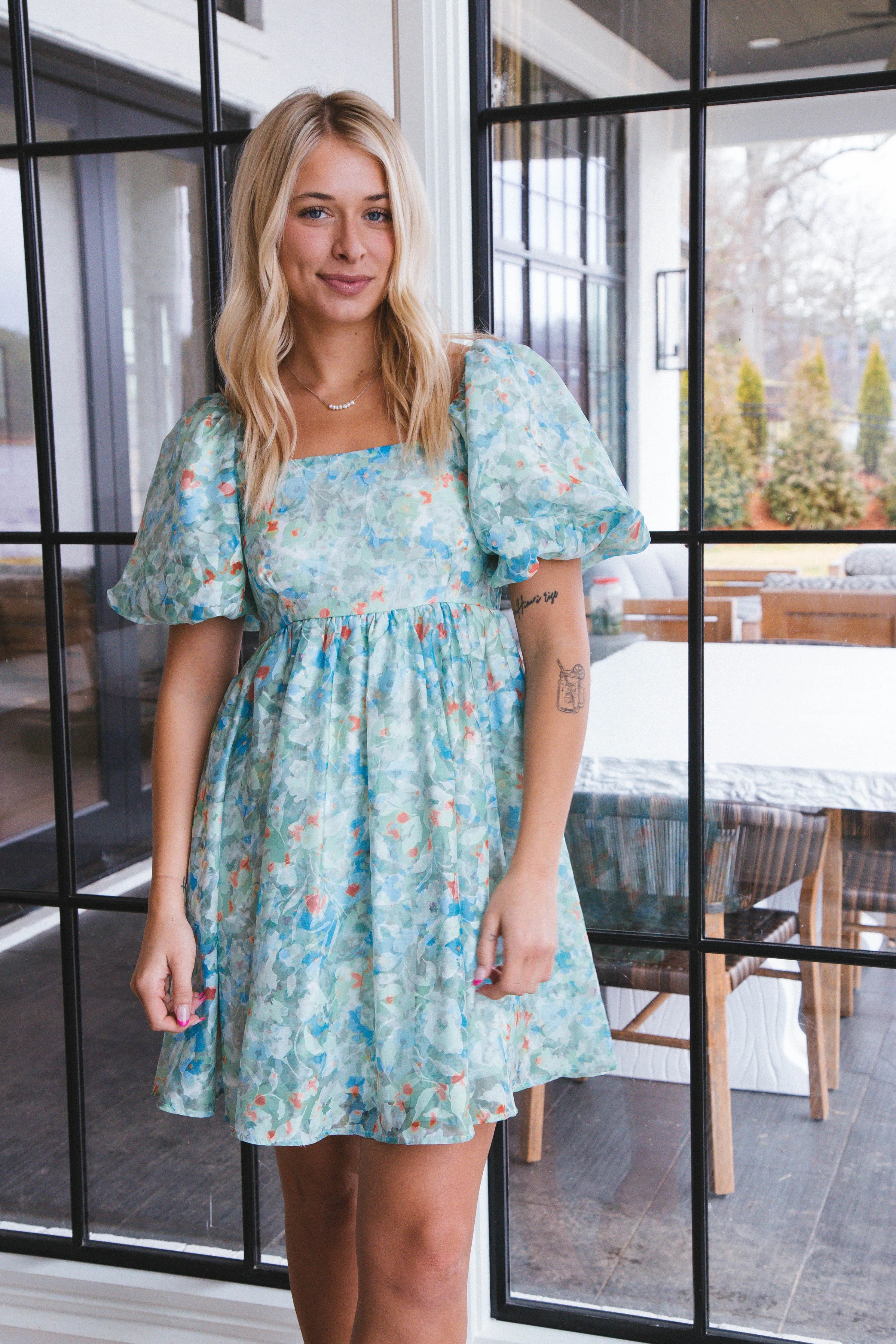 Braelyn Floral Puff Sleeve Dress, Green Combo