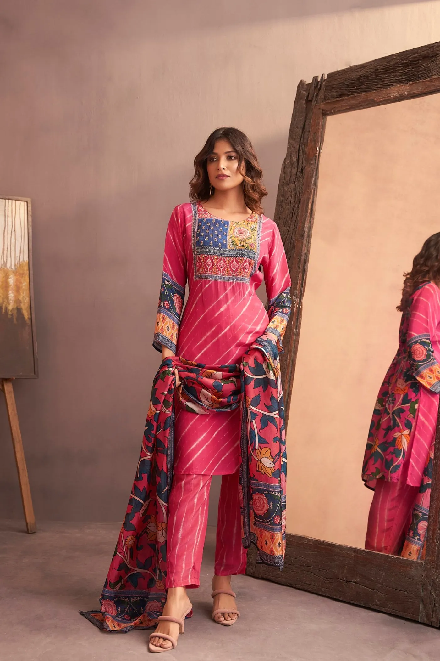 Cerise Pink Leheria Printed Embellished Kurta Set