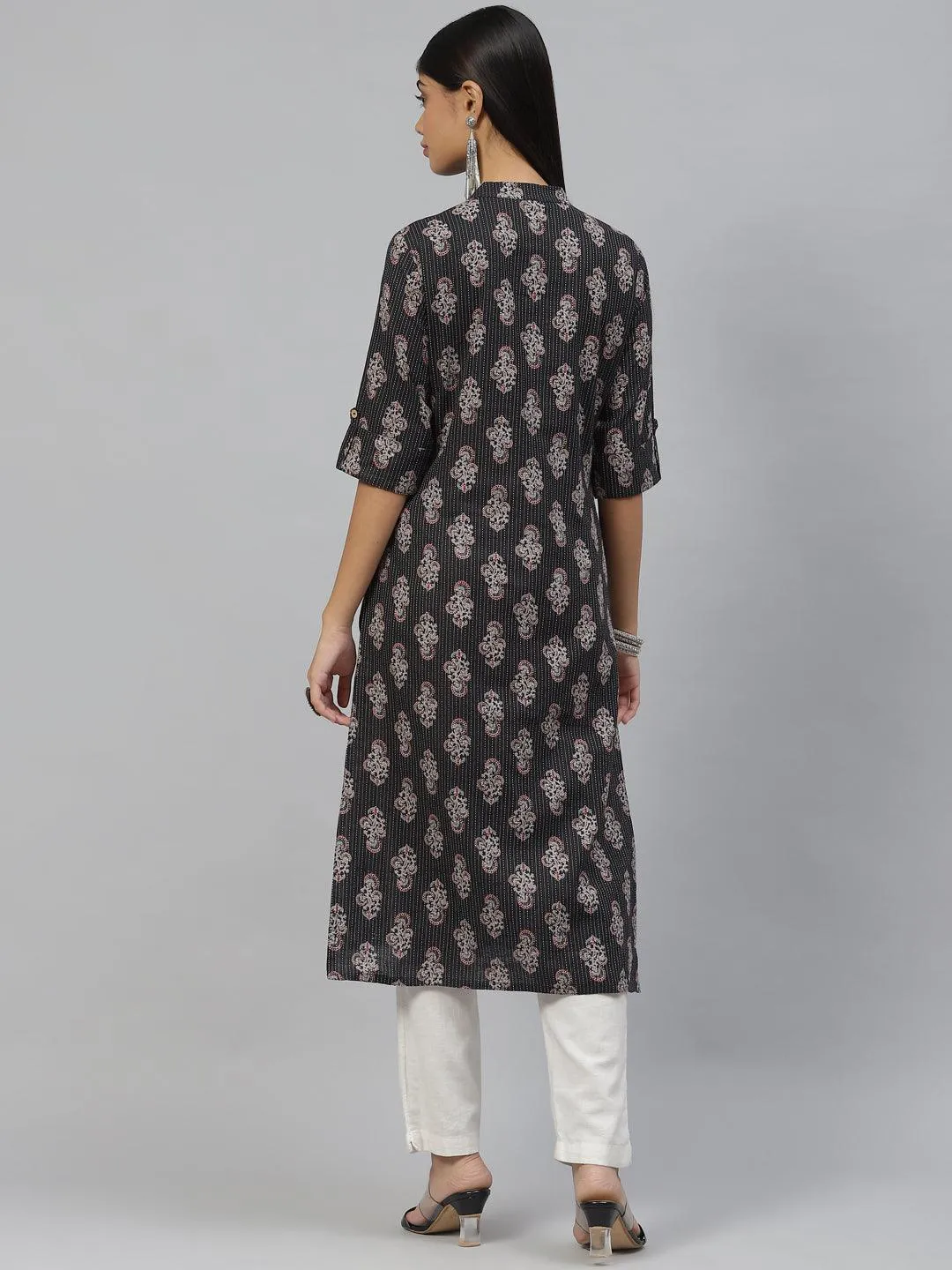 Divena Black and Grey Cotton Straight Kurta