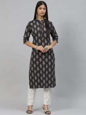 Divena Black and Grey Cotton Straight Kurta