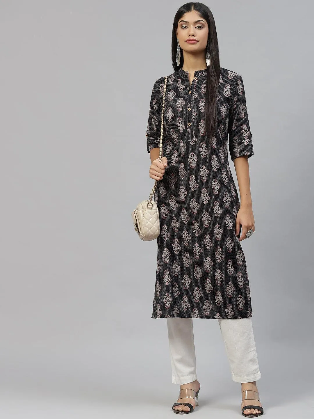 Divena Black and Grey Cotton Straight Kurta