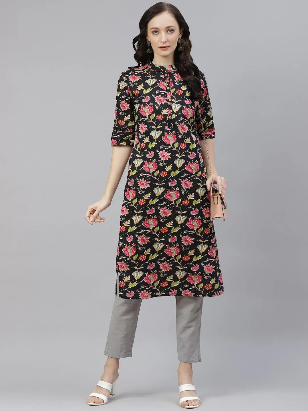 Divena Black Floral Cotton Straight Kurti