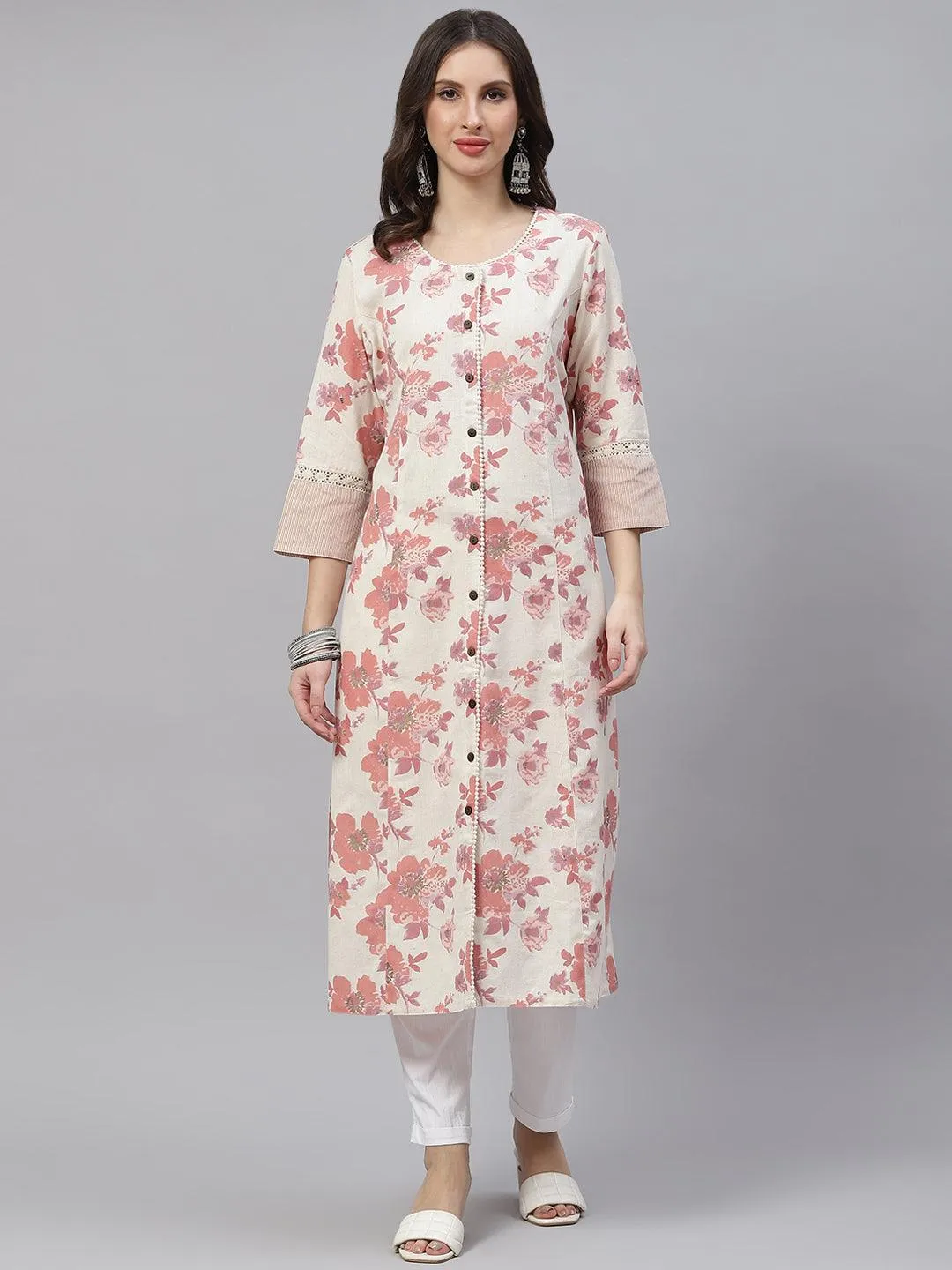 Divena Cream Floral cotton flex A-Line Kurta