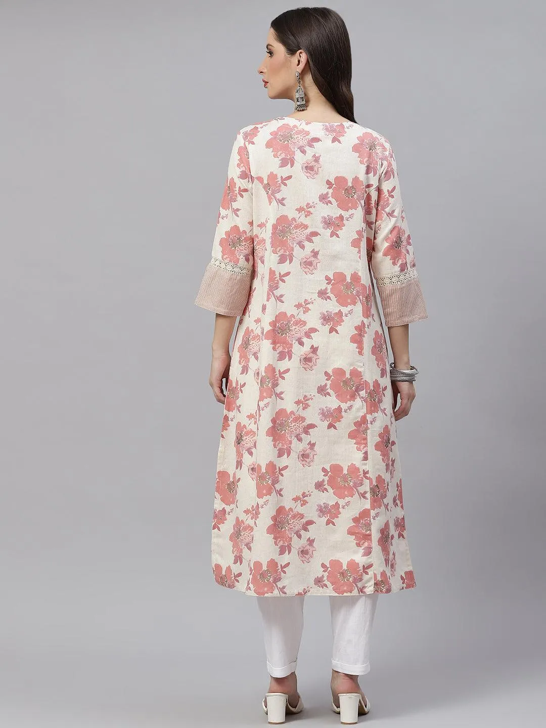 Divena Cream Floral cotton flex A-Line Kurta