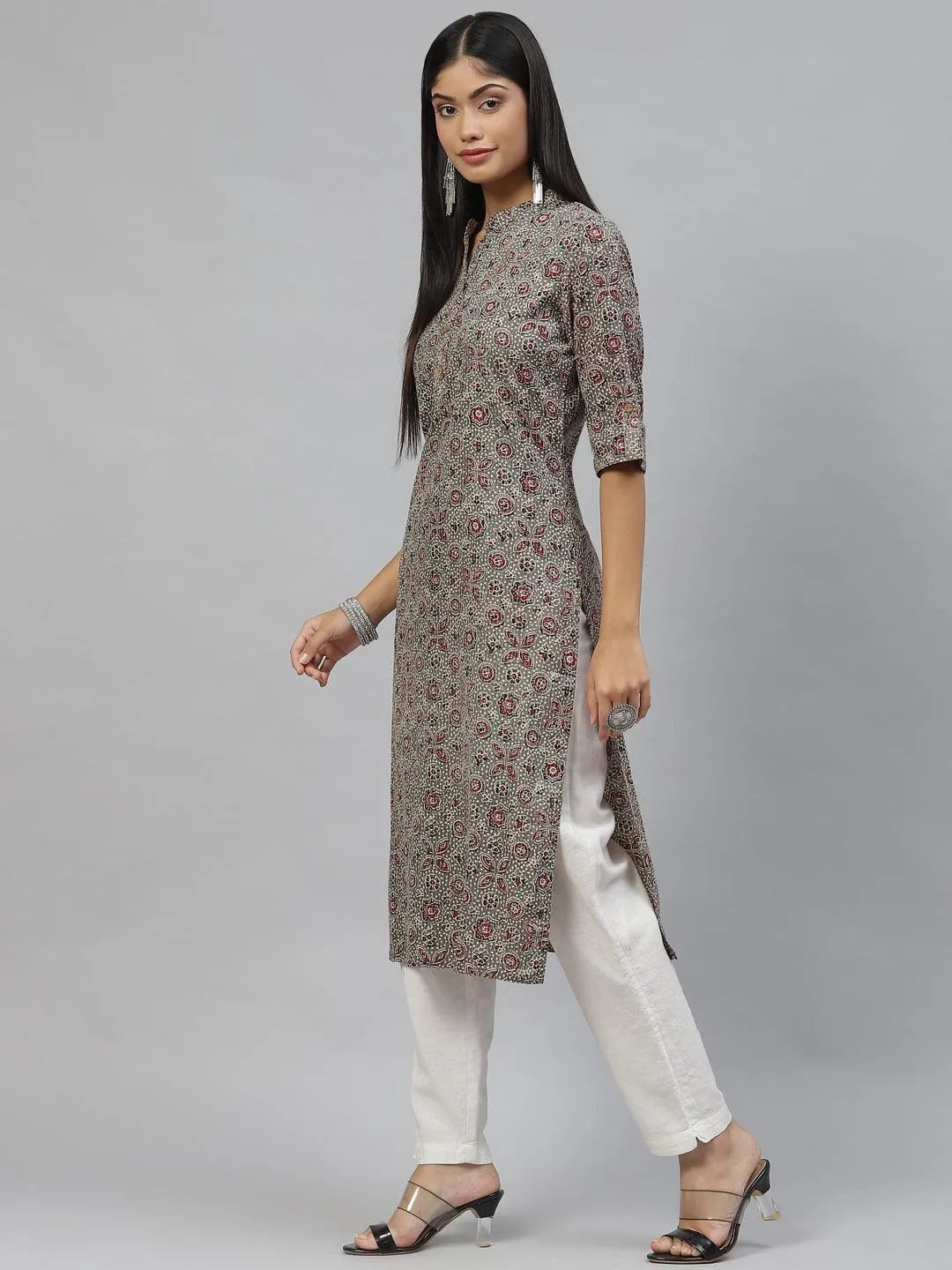 Divena Dark Gray and Maroon Cotton Straight Kurta