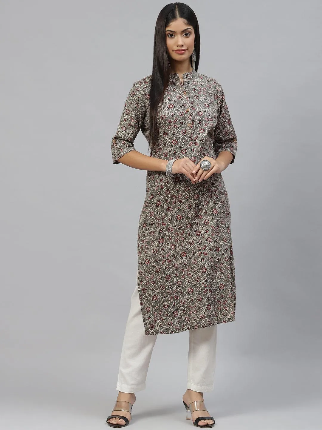 Divena Dark Gray and Maroon Cotton Straight Kurta