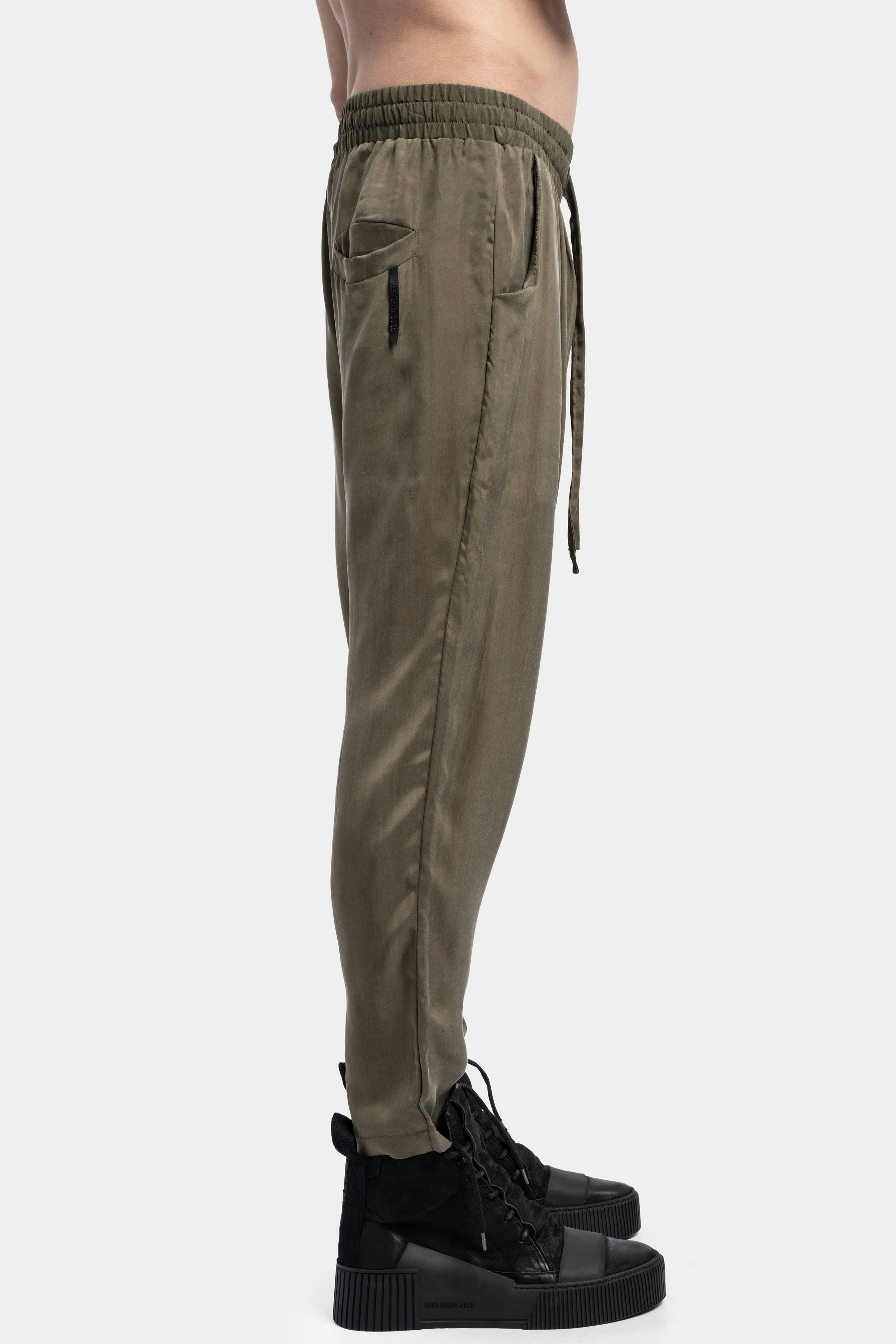 Drawstring Cropped Cupro Pants, Military Green