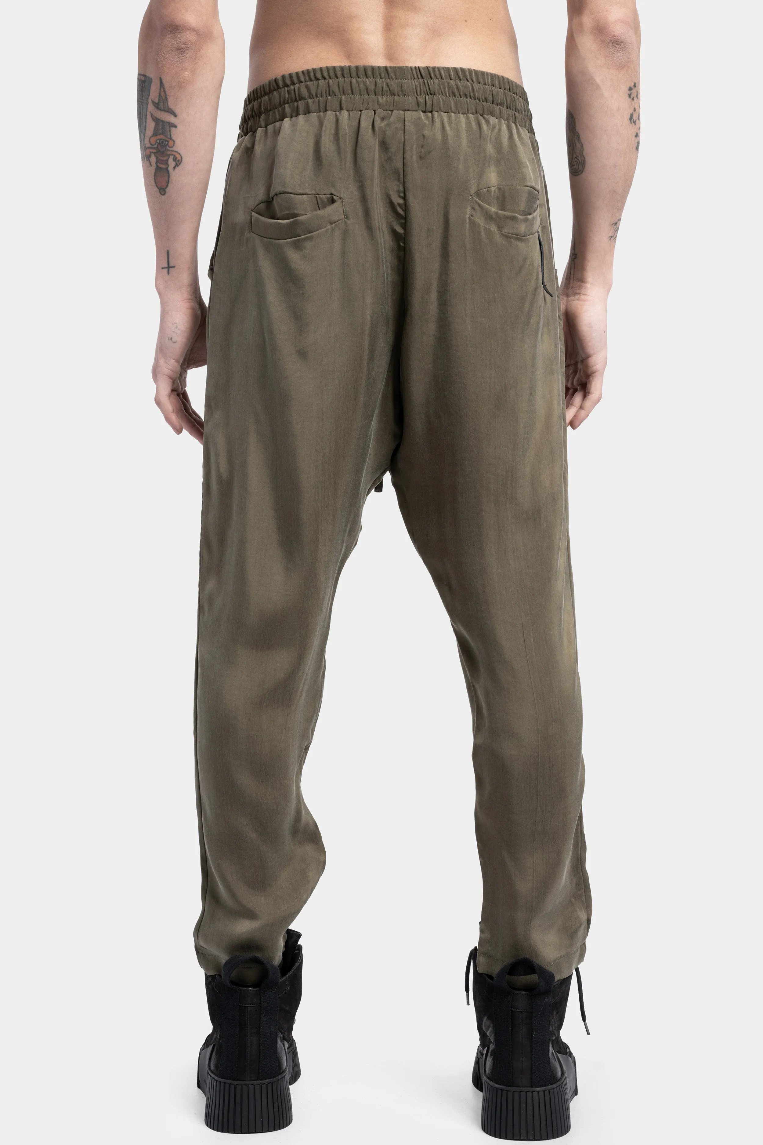 Drawstring Cropped Cupro Pants, Military Green