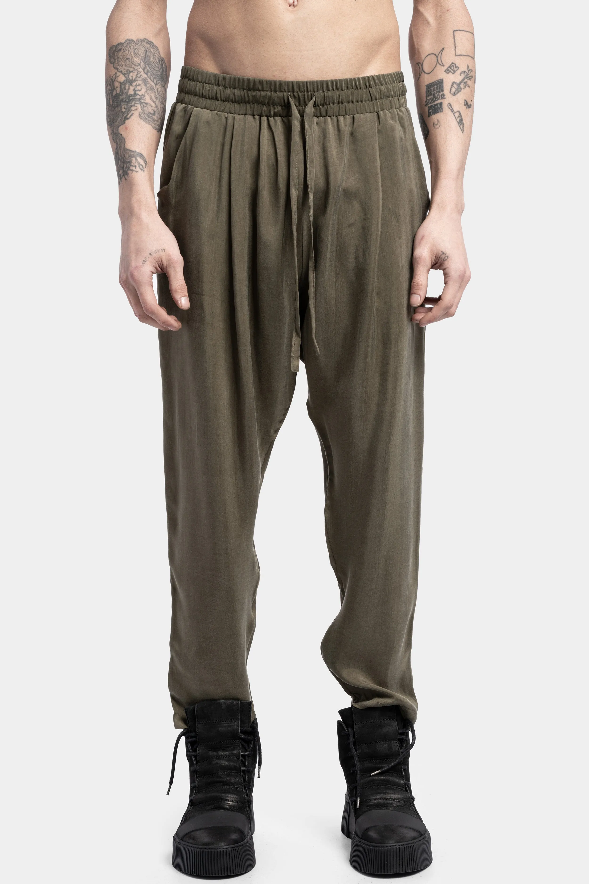 Drawstring Cropped Cupro Pants, Military Green