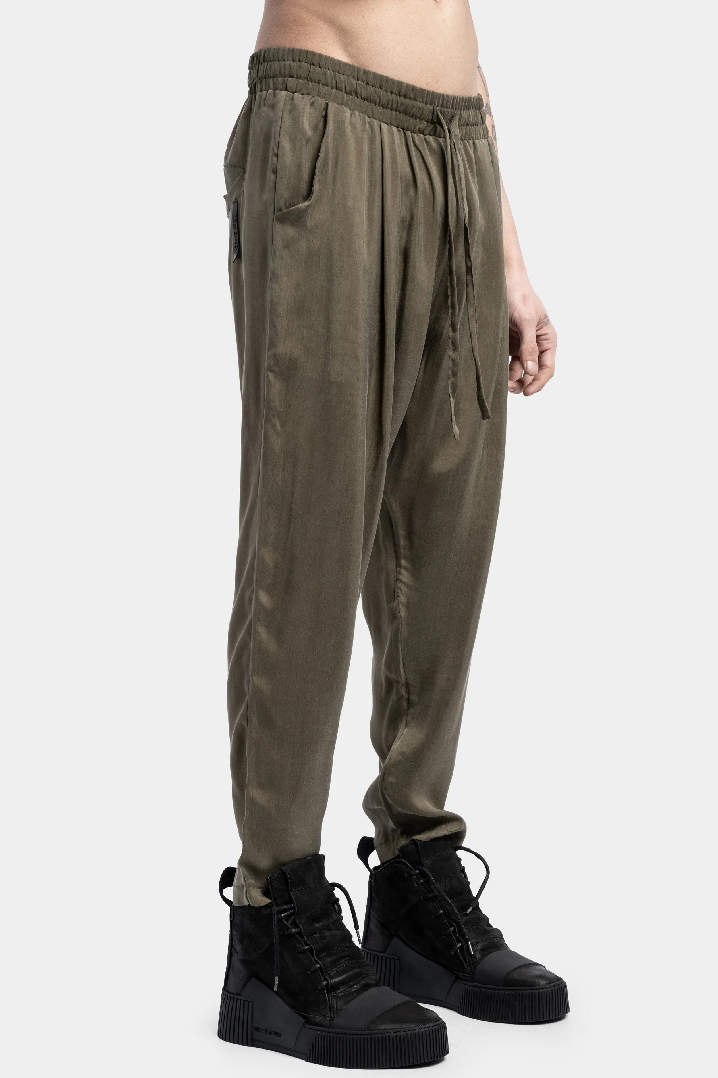 Drawstring Cropped Cupro Pants, Military Green