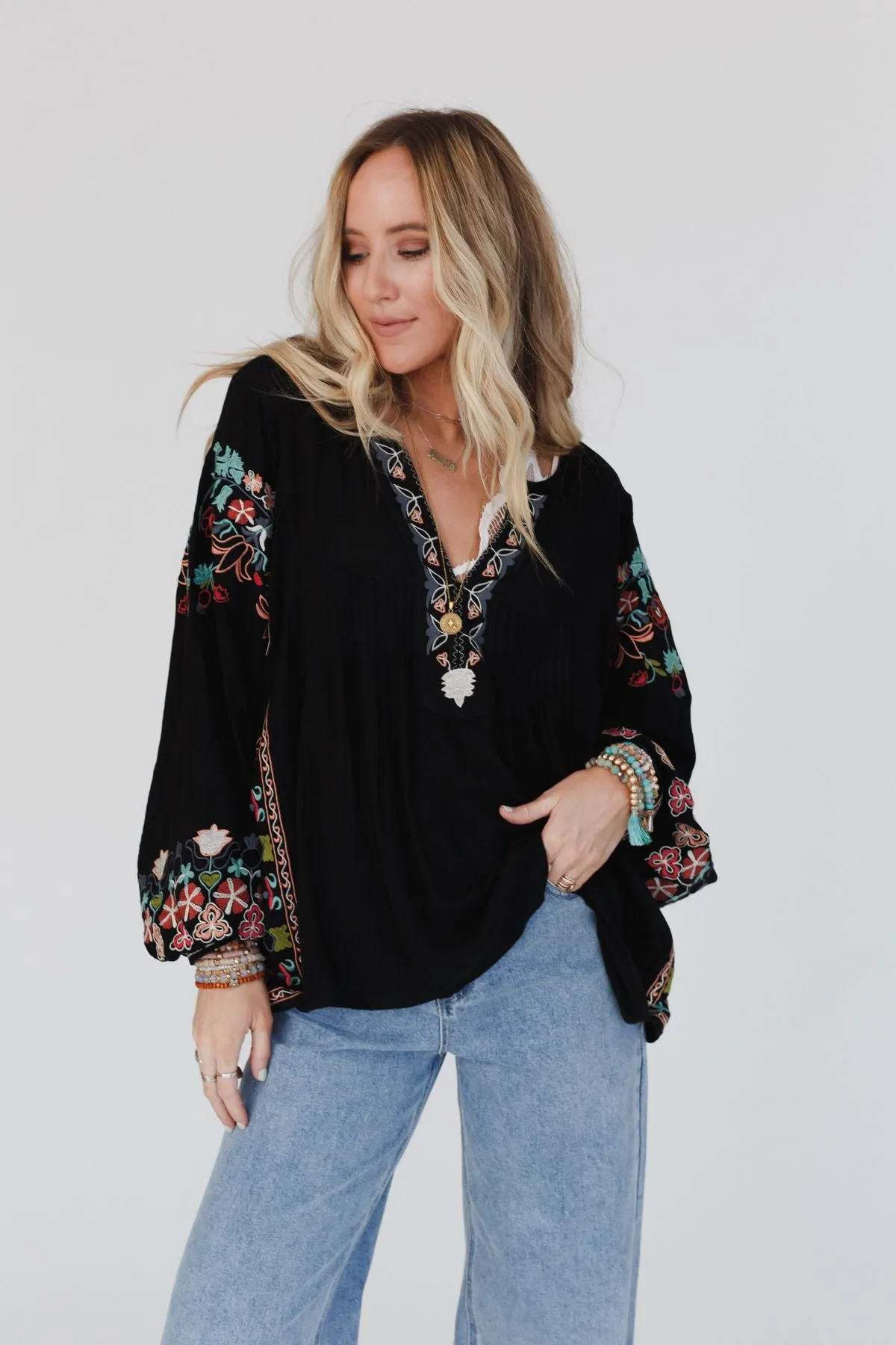 Frida Embroidered Dolman Sleeve Top - Black