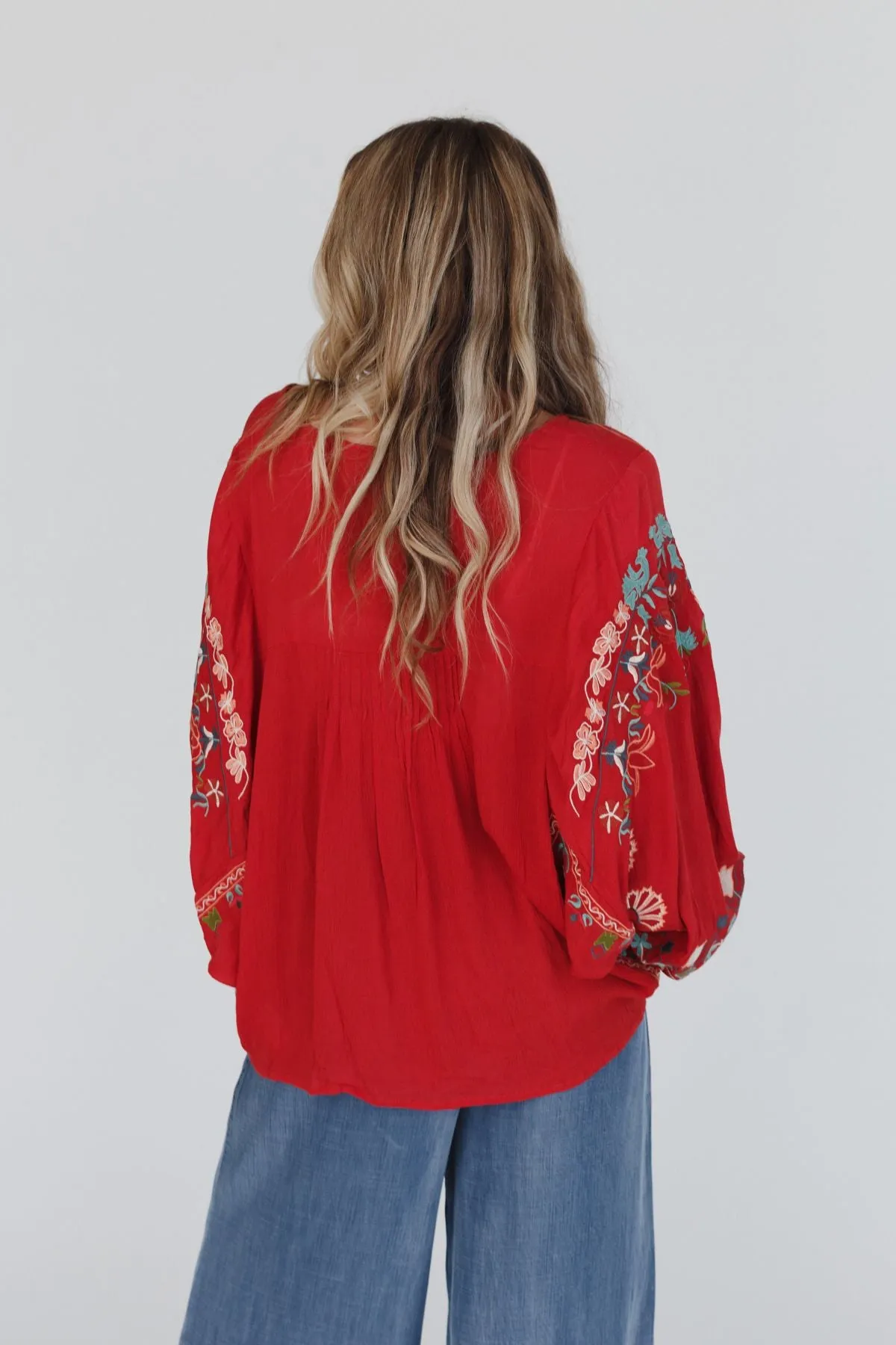 Frida Embroidered Dolman Sleeve Top - Red Orange