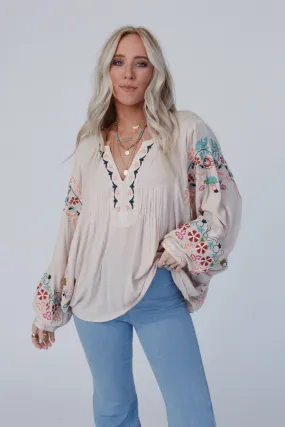 Frida Embroidered Dolman Sleeve Top - Taupe