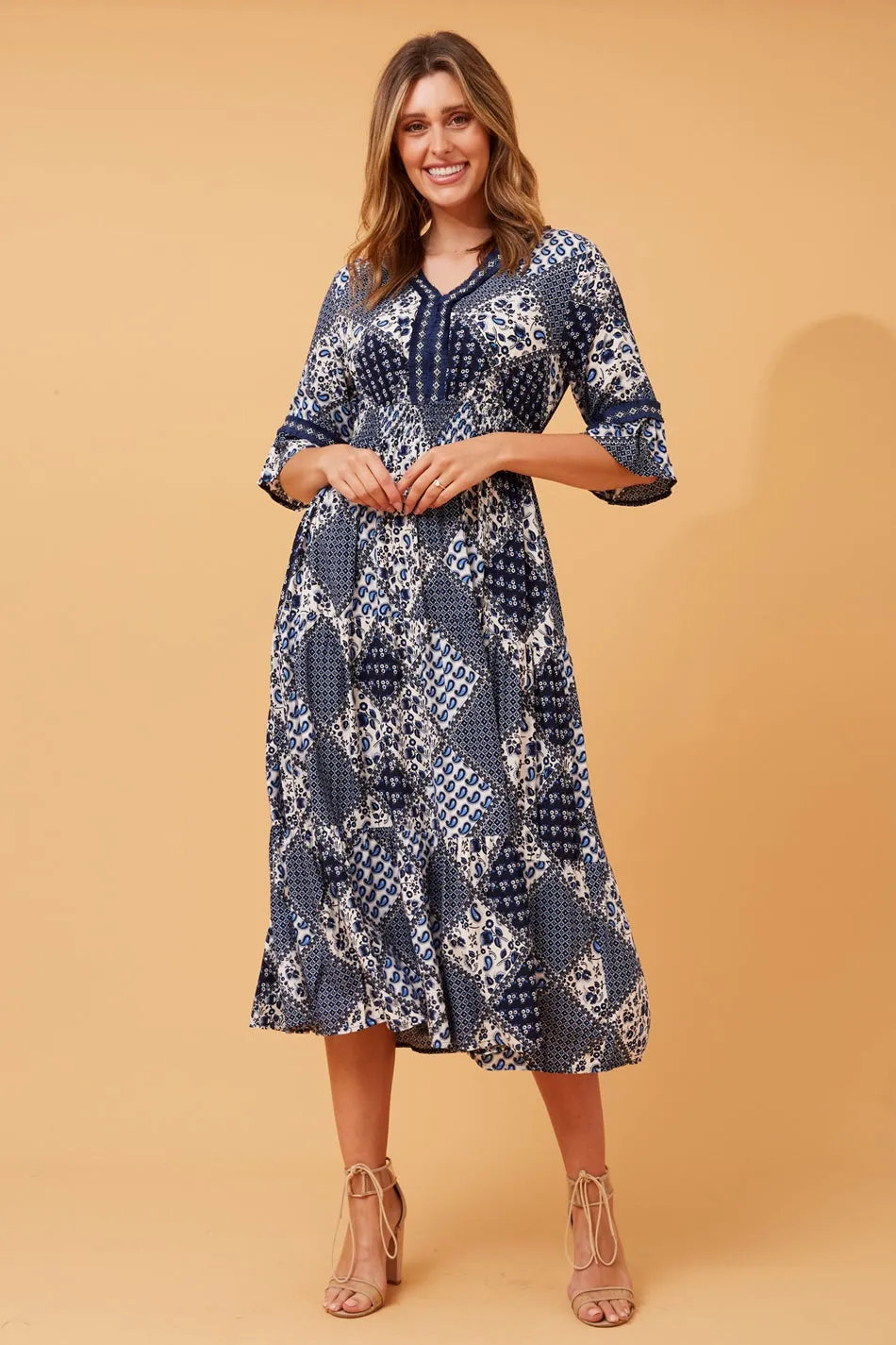 GILMA PATCHWORK BOHO MIDI DRESS