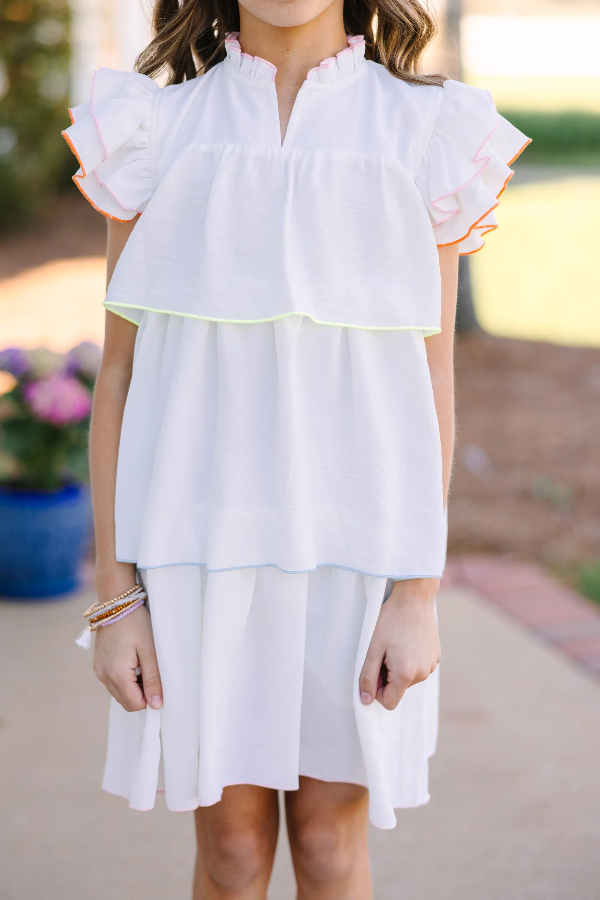 Girls: Always Cute White Colorblock Trim Ruffle Dress