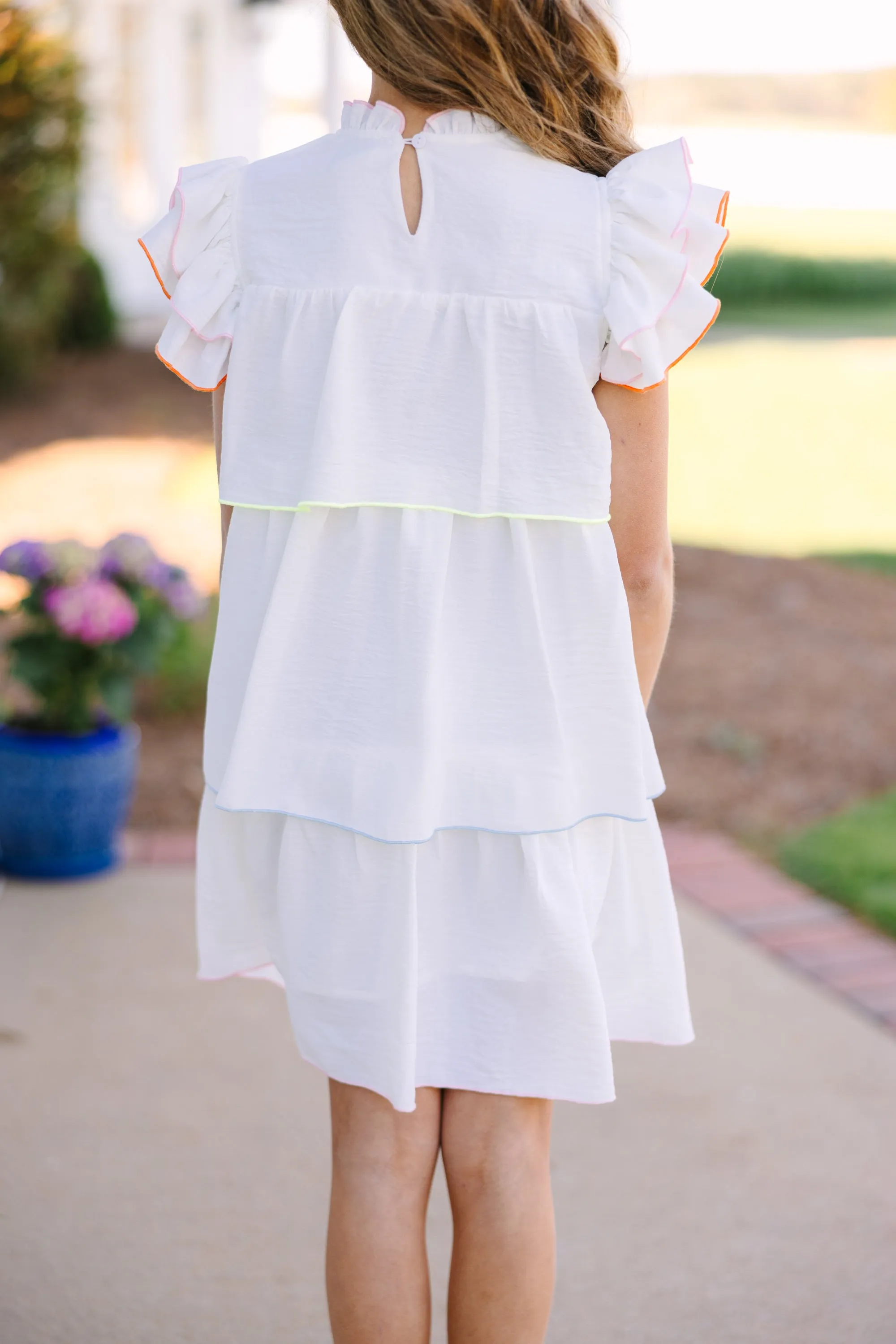 Girls: Always Cute White Colorblock Trim Ruffle Dress