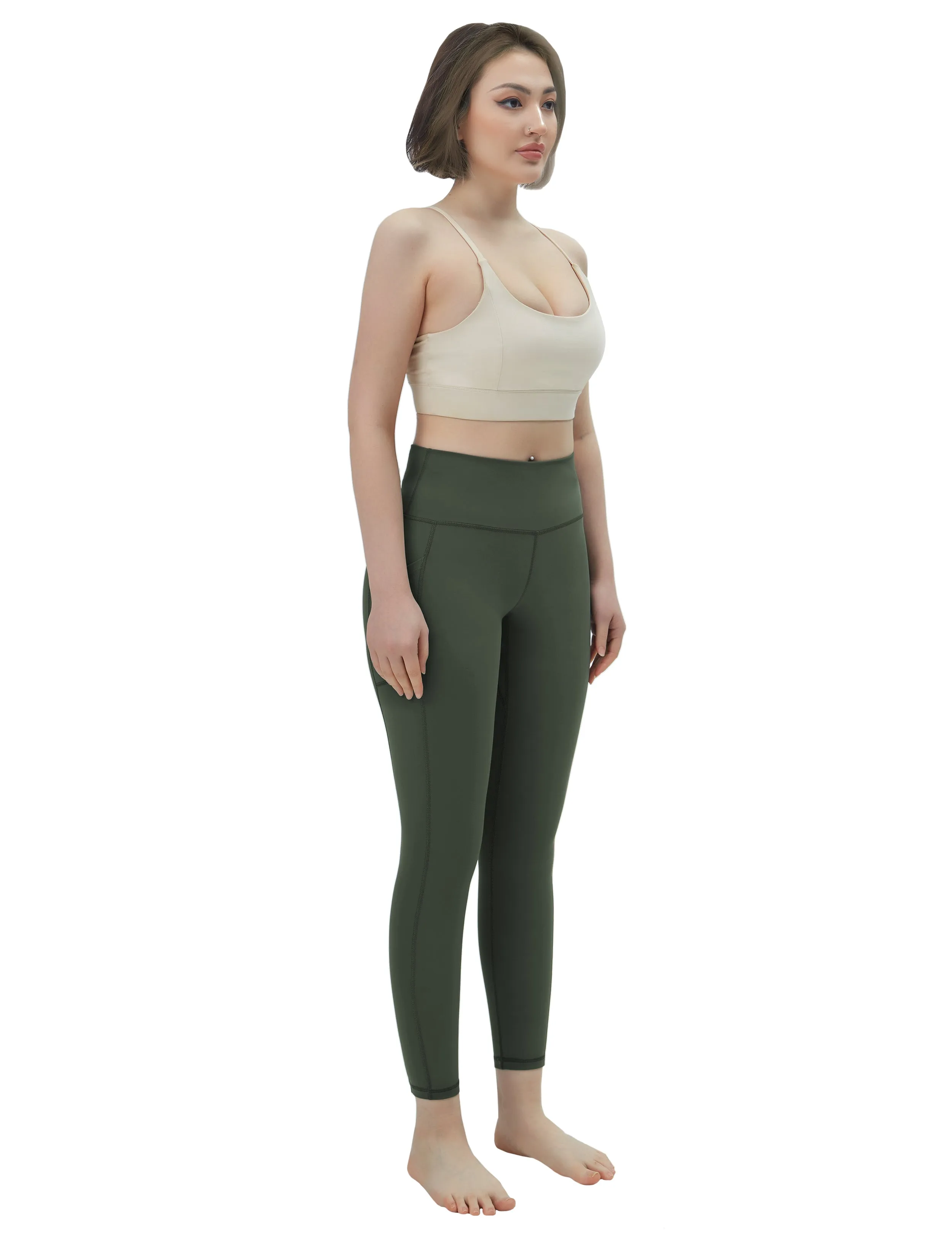 High Waisted Yoga Pants 7/8 Length Leggings with Pockets olivegreen