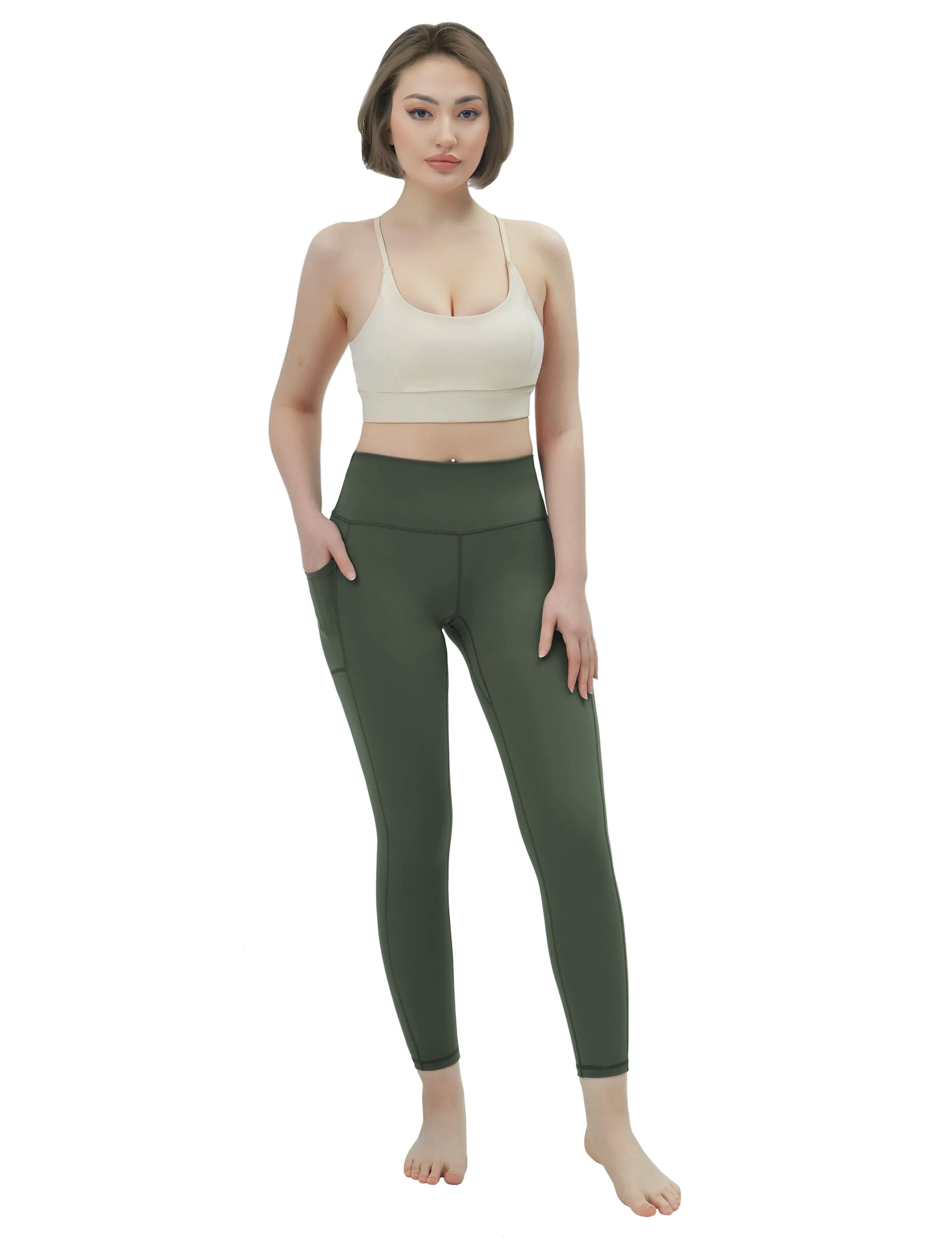 High Waisted Yoga Pants 7/8 Length Leggings with Pockets olivegreen