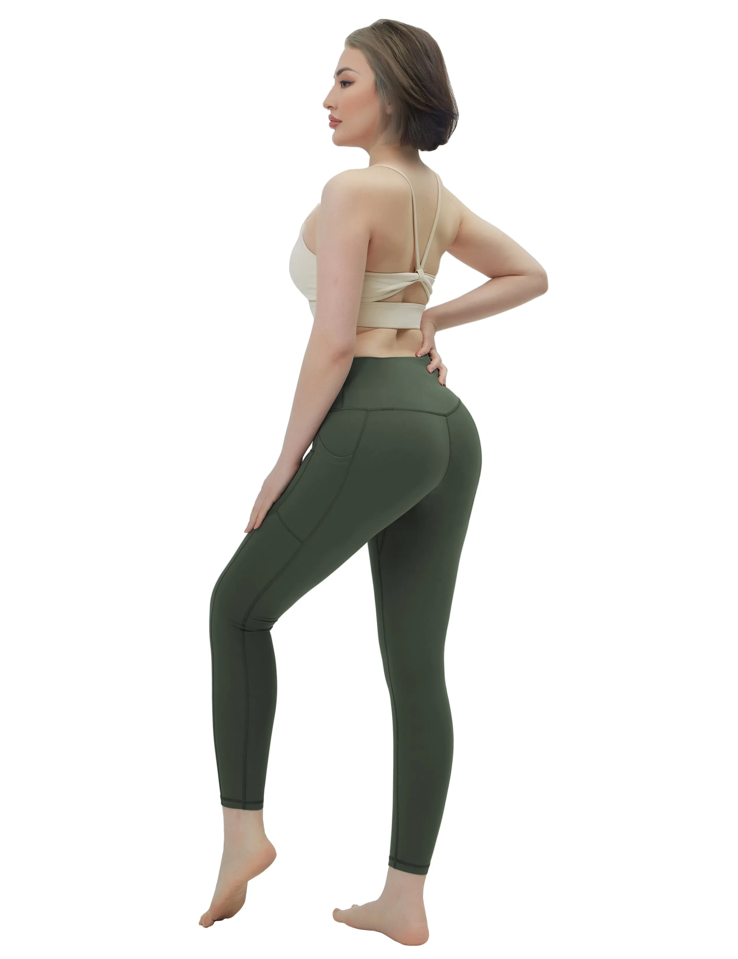 High Waisted Yoga Pants 7/8 Length Leggings with Pockets olivegreen