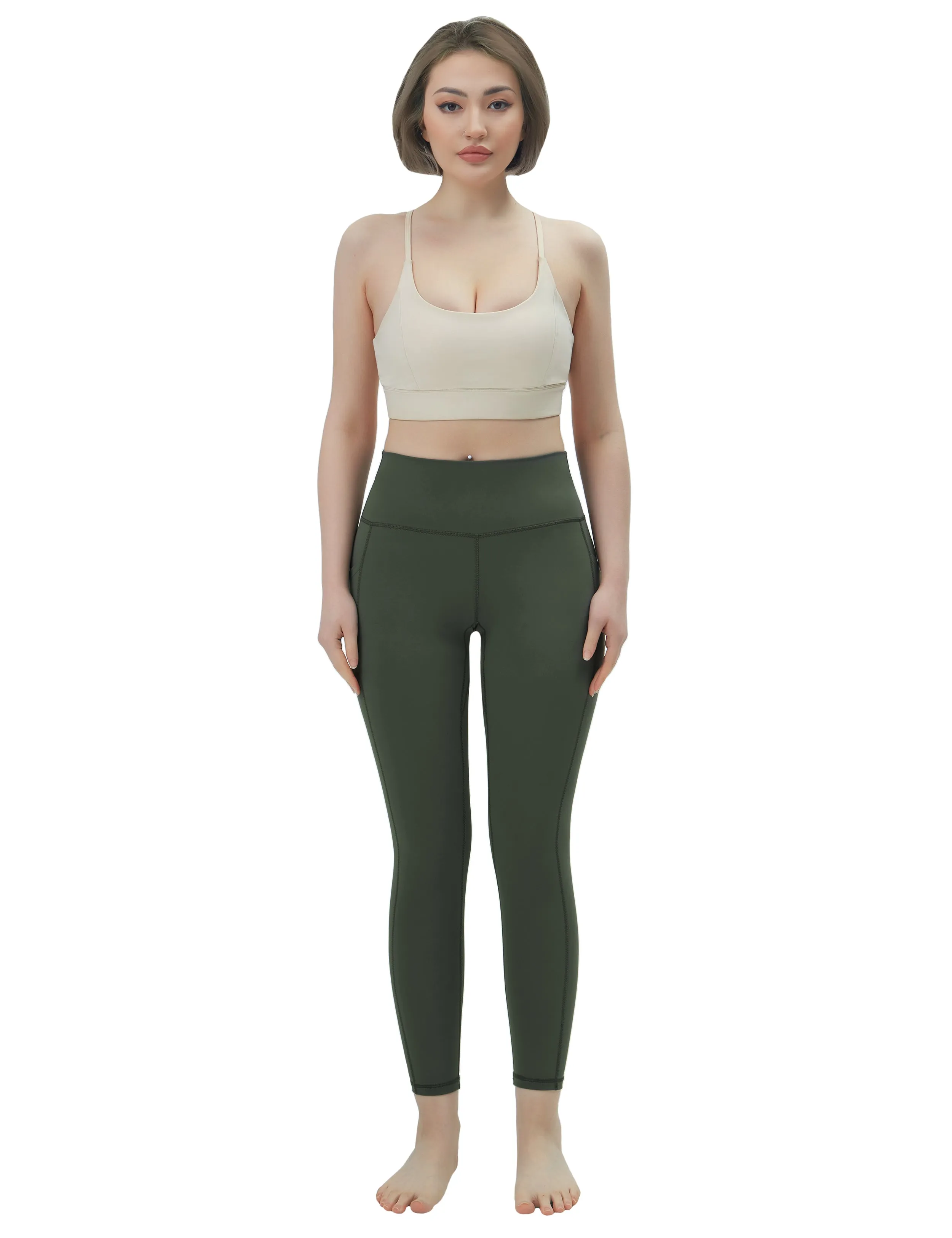 High Waisted Yoga Pants 7/8 Length Leggings with Pockets olivegreen