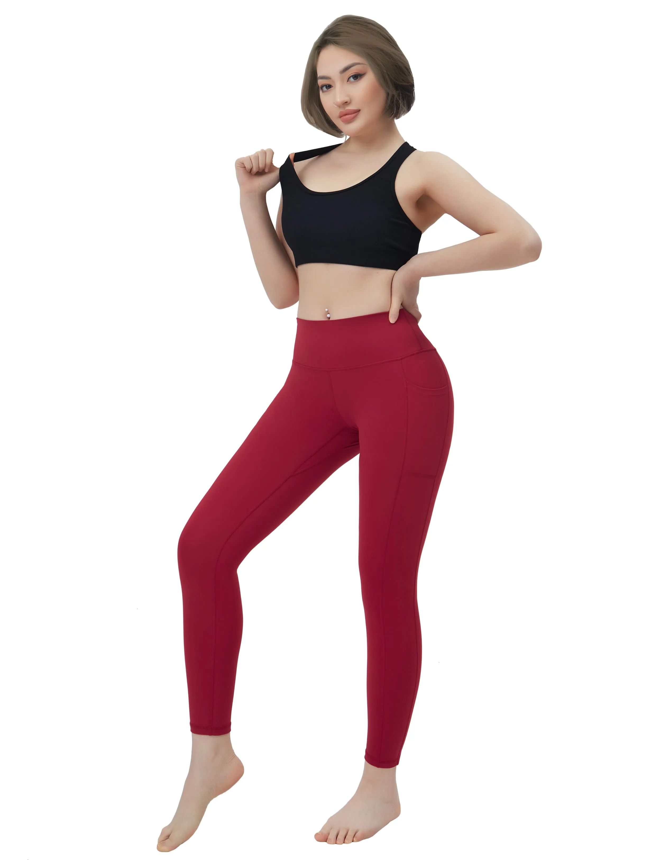 High Waisted Yoga Pants 7/8 Length Leggings with Pockets red