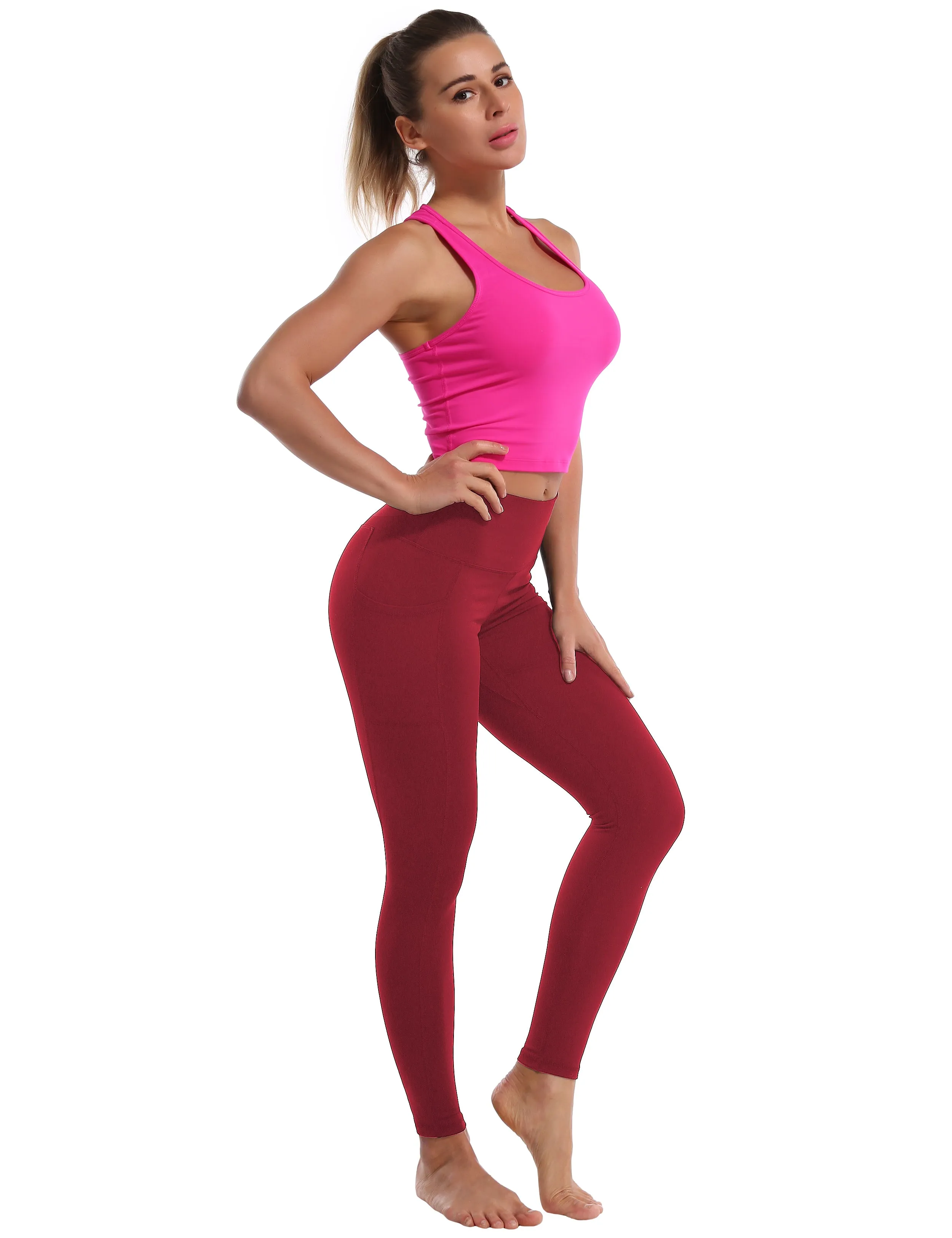 High Waisted Yoga Pants 7/8 Length Leggings with Pockets red