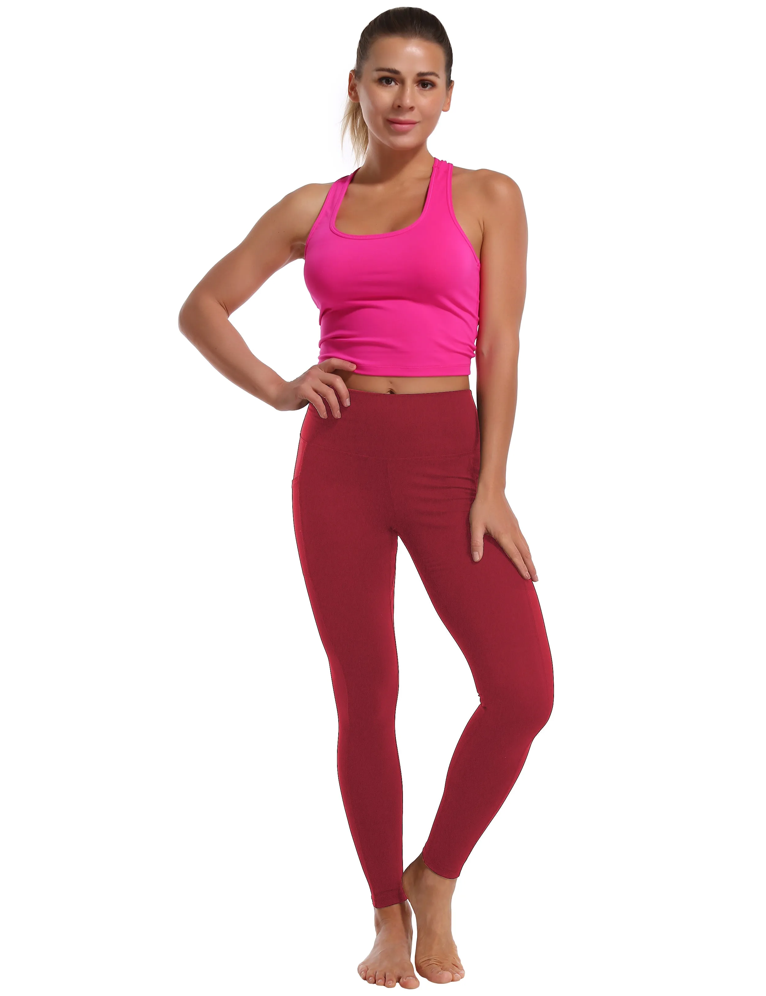 High Waisted Yoga Pants 7/8 Length Leggings with Pockets red