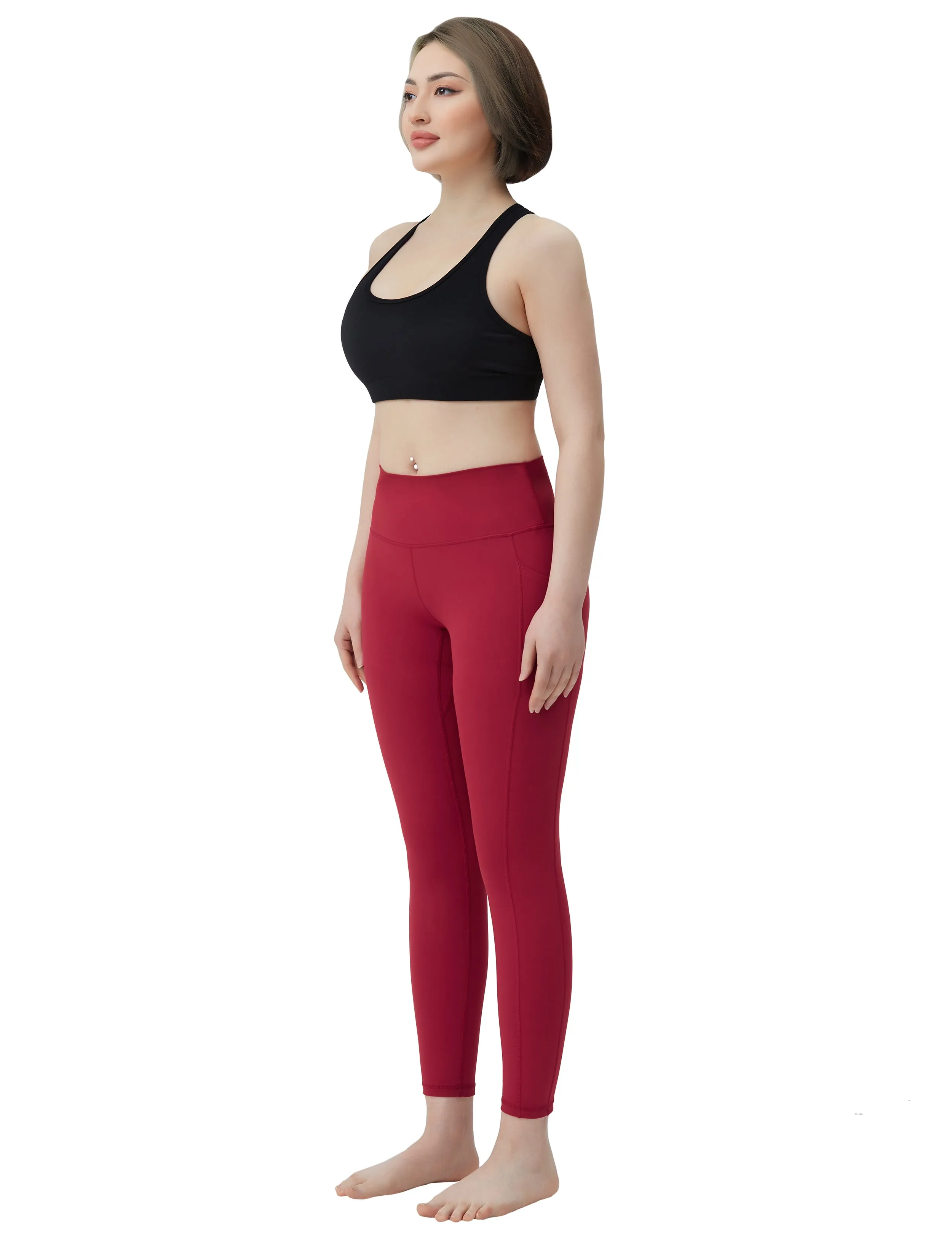 High Waisted Yoga Pants 7/8 Length Leggings with Pockets red