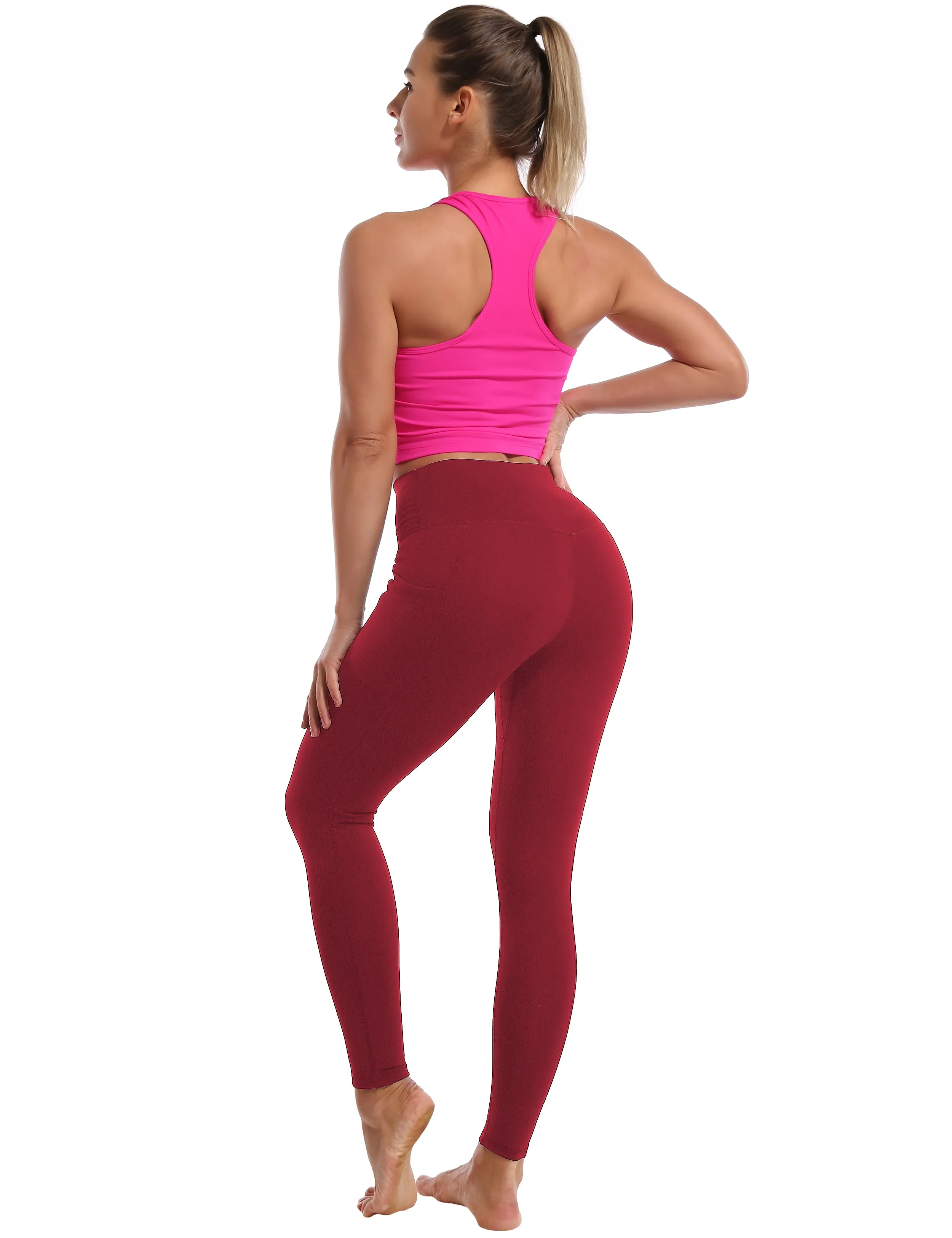 High Waisted Yoga Pants 7/8 Length Leggings with Pockets red