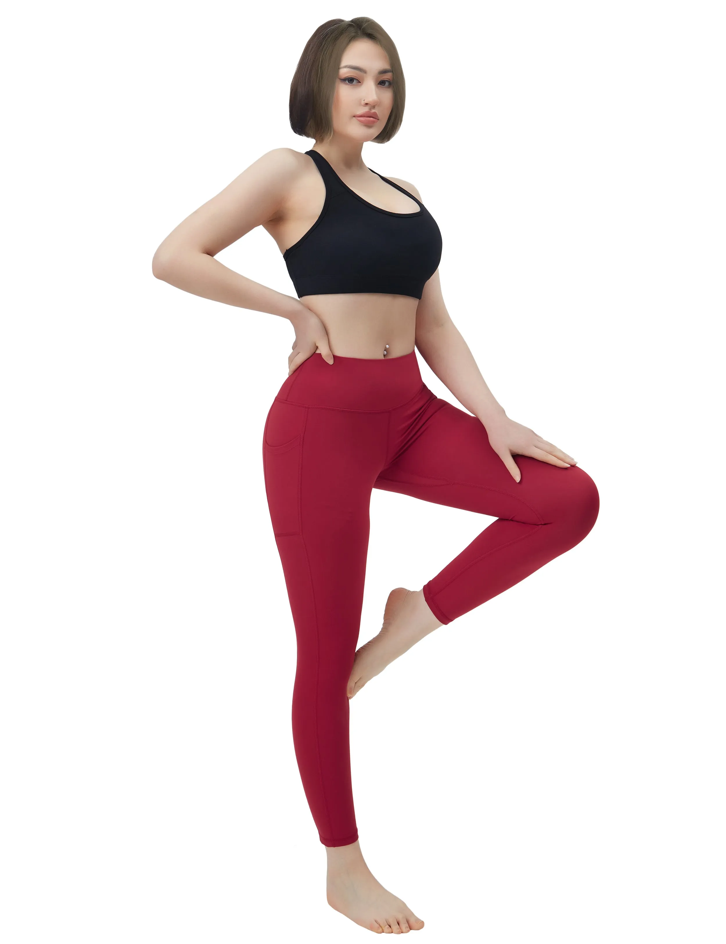 High Waisted Yoga Pants 7/8 Length Leggings with Pockets red