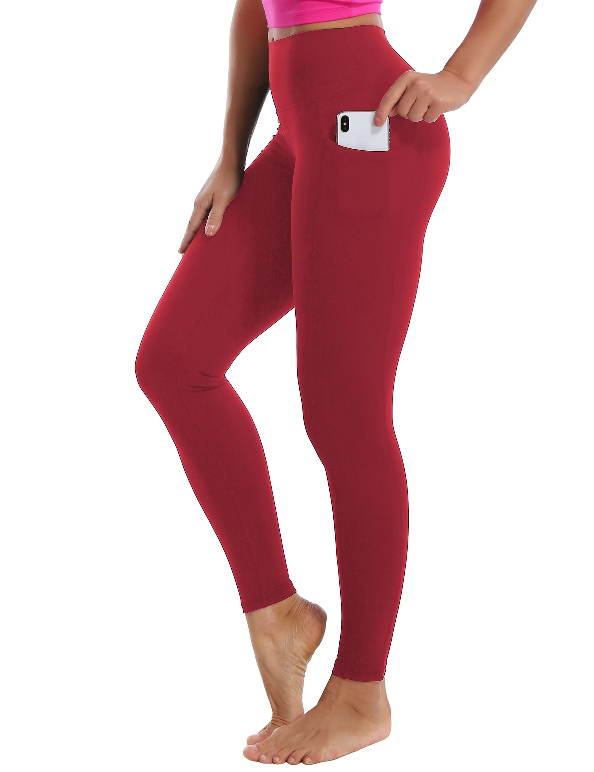 High Waisted Yoga Pants 7/8 Length Leggings with Pockets red