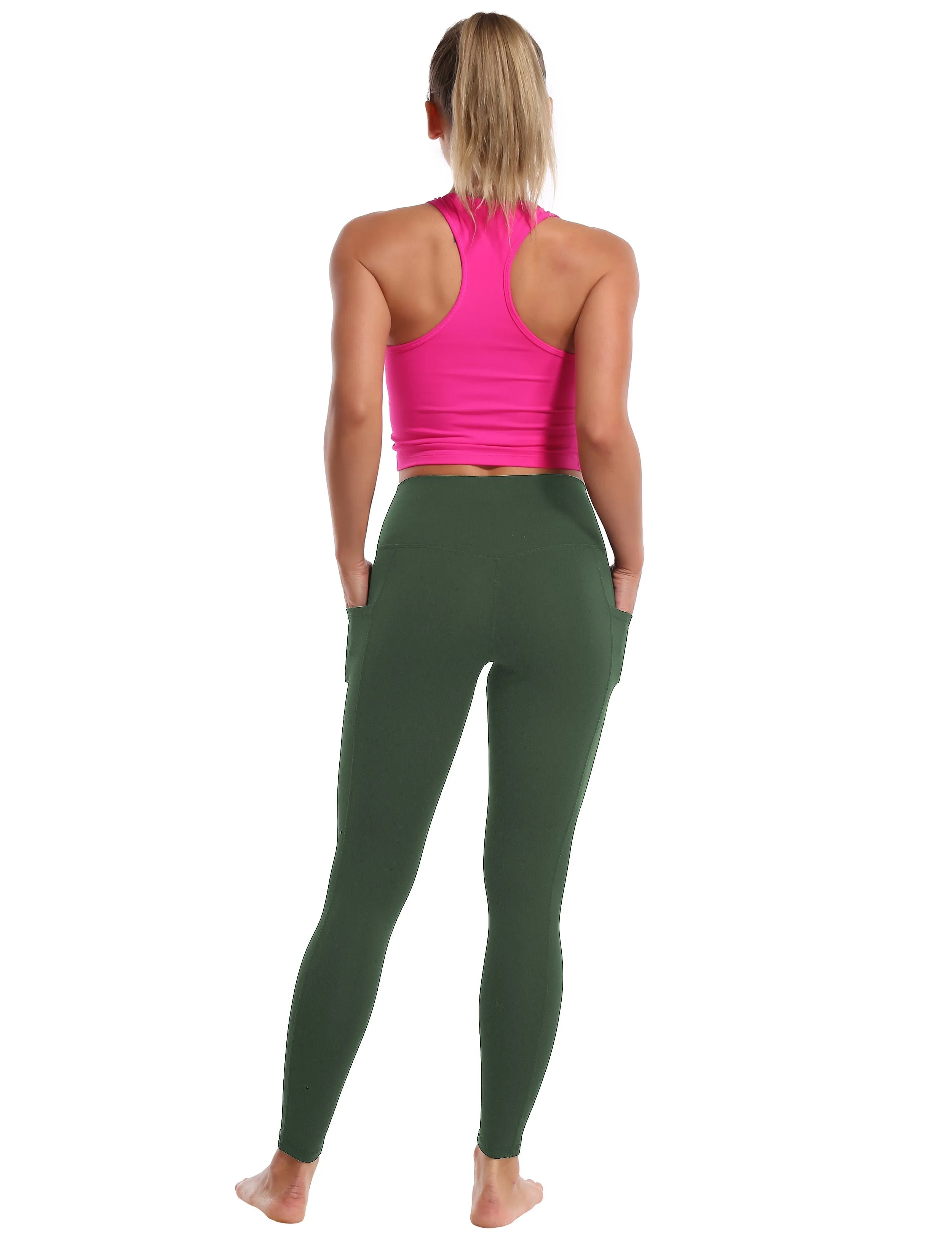 High Waisted yogastudio Pants 7/8 Length Leggings with Pockets olivegreen_yogastudio