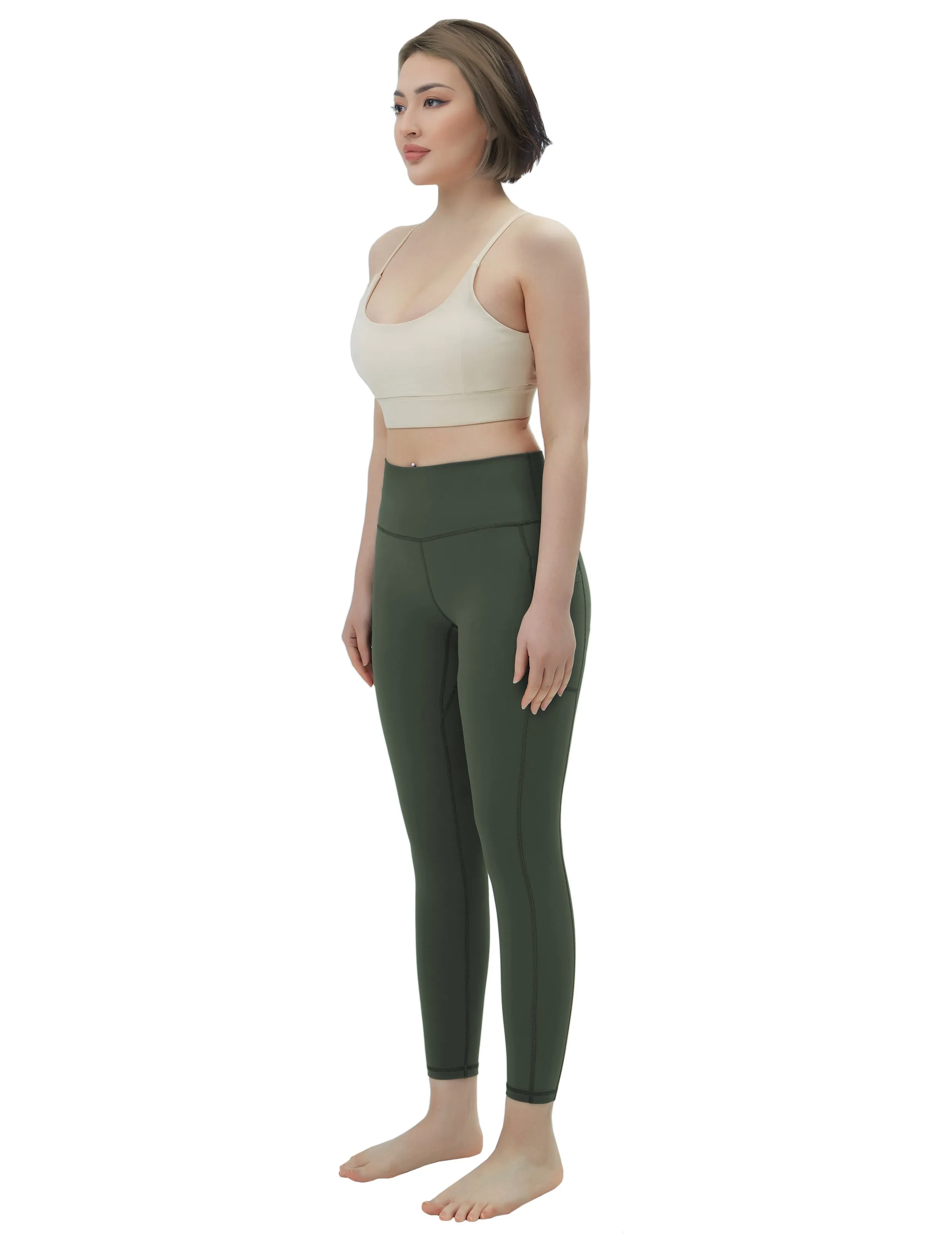 High Waisted yogastudio Pants 7/8 Length Leggings with Pockets olivegreen_yogastudio