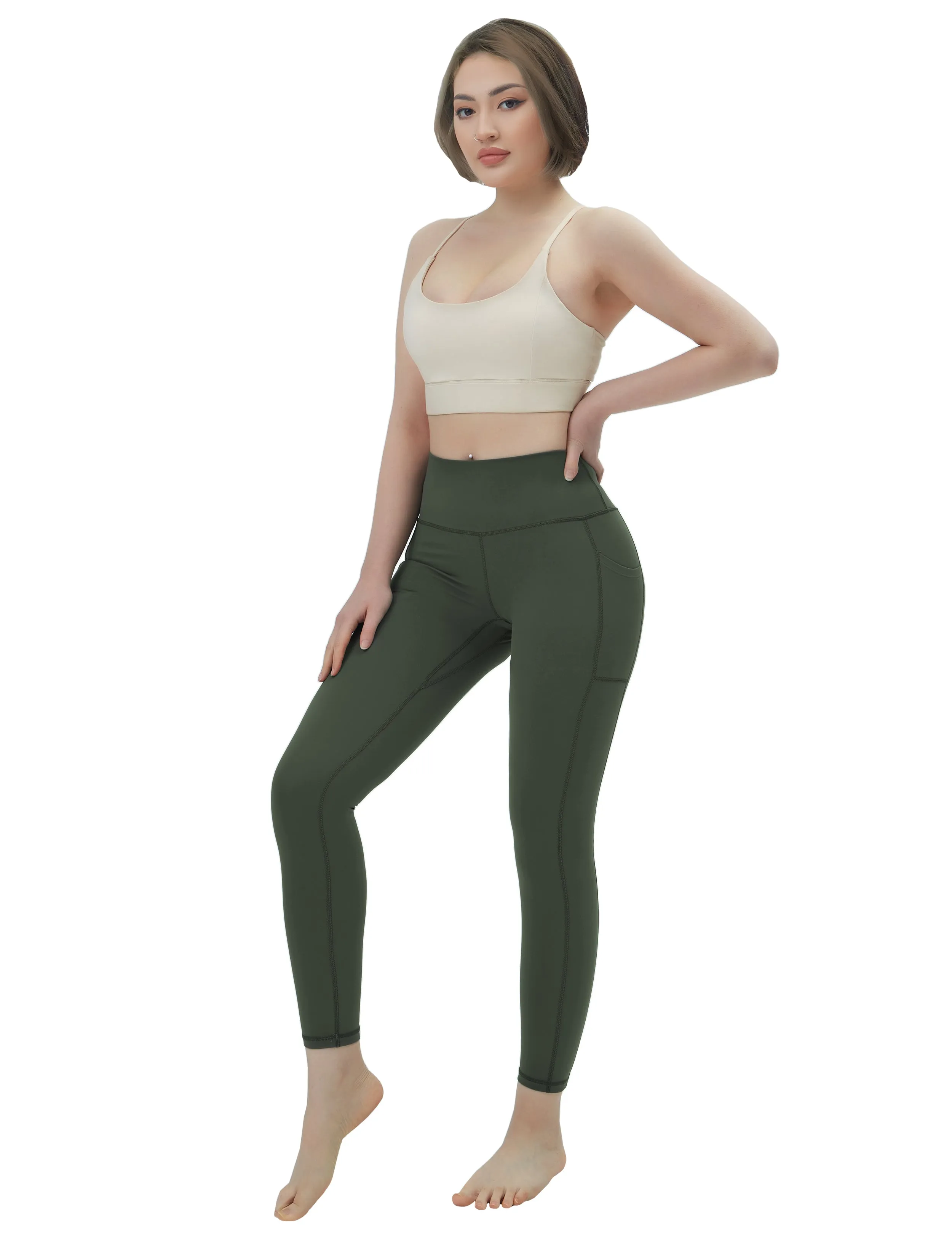 High Waisted yogastudio Pants 7/8 Length Leggings with Pockets olivegreen_yogastudio