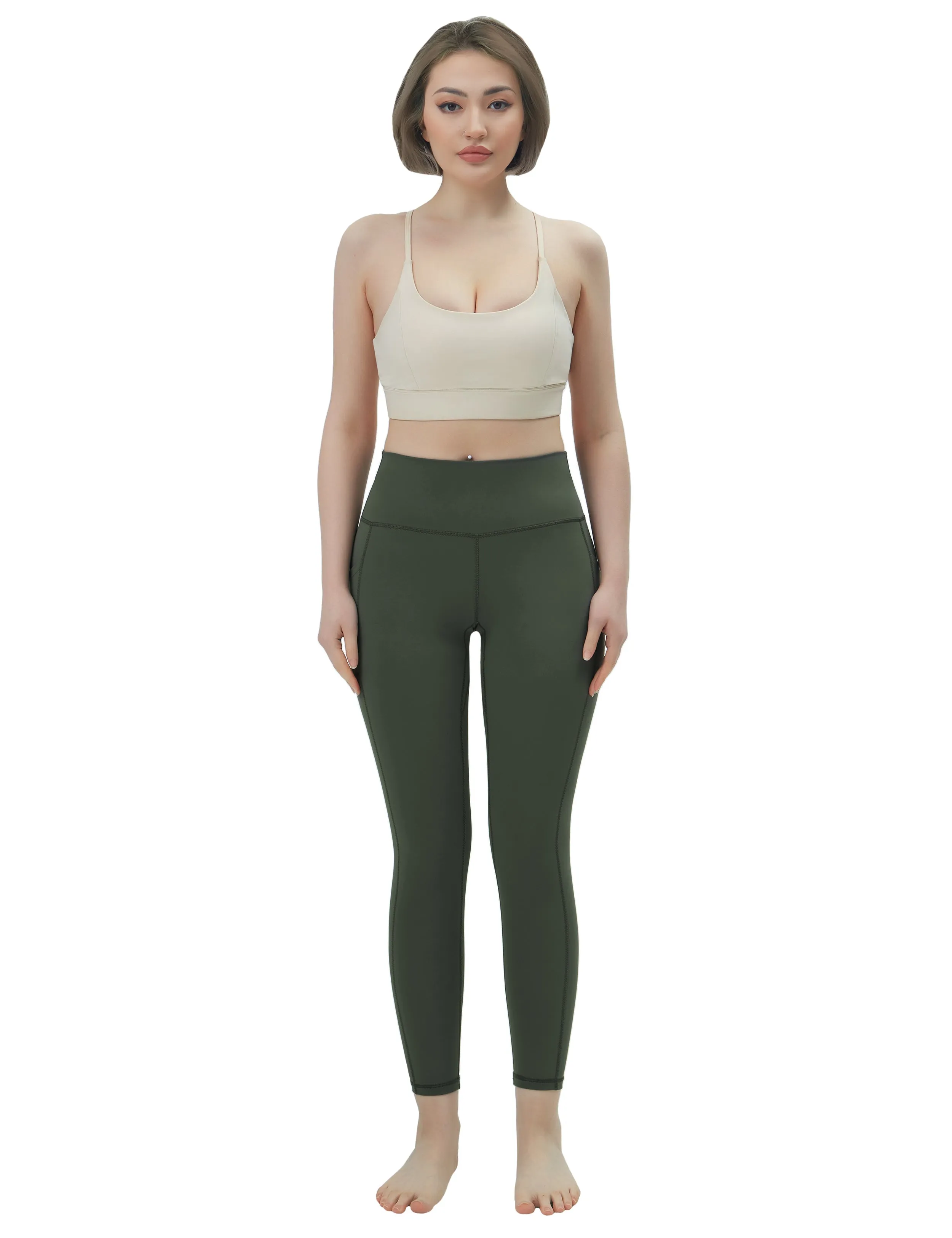 High Waisted yogastudio Pants 7/8 Length Leggings with Pockets olivegreen_yogastudio