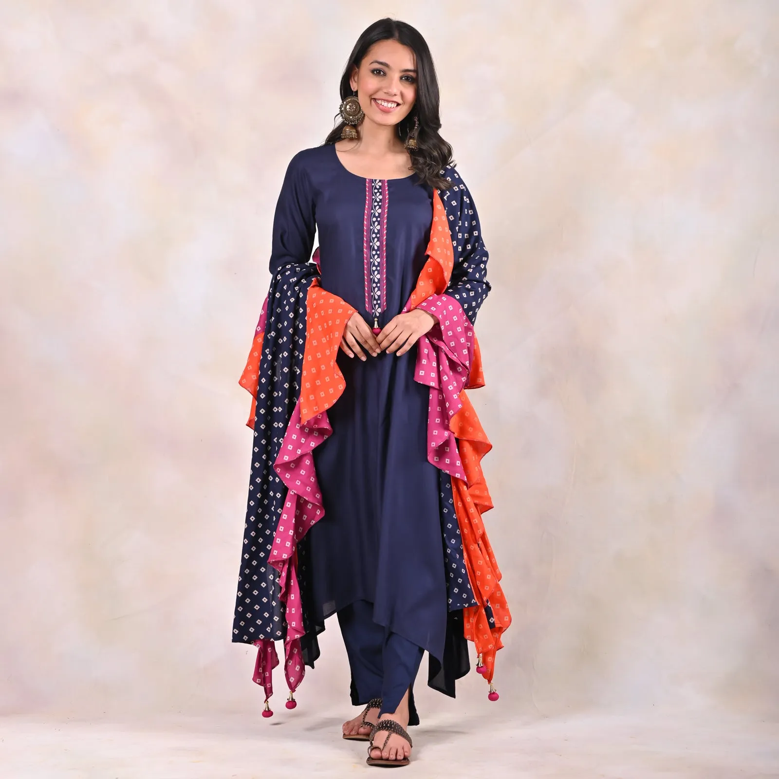 Indigo Kurta Pants Set with Tiered Bandhani Dupatta