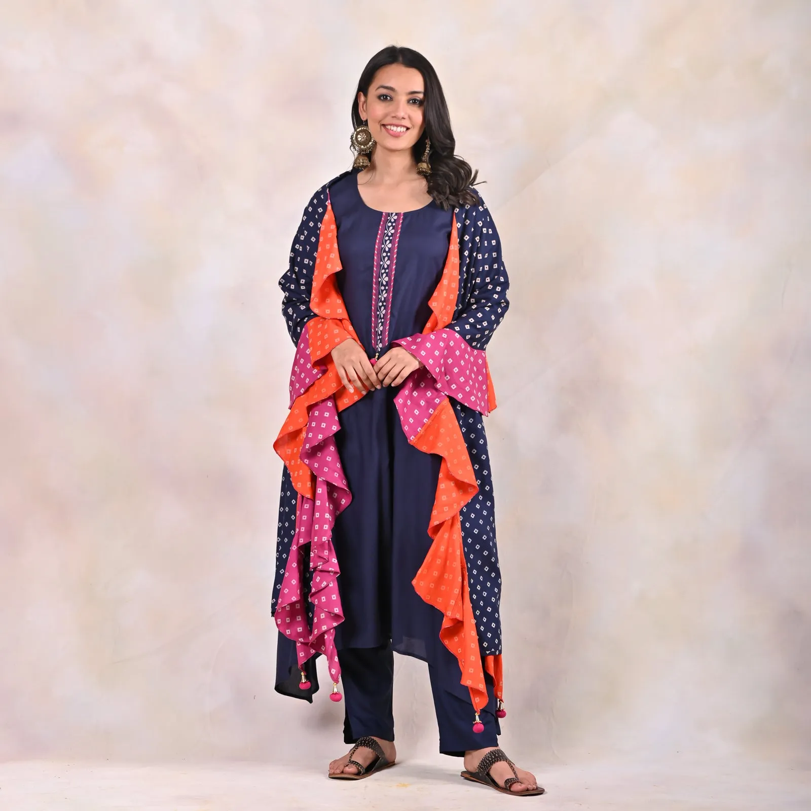 Indigo Kurta Pants Set with Tiered Bandhani Dupatta